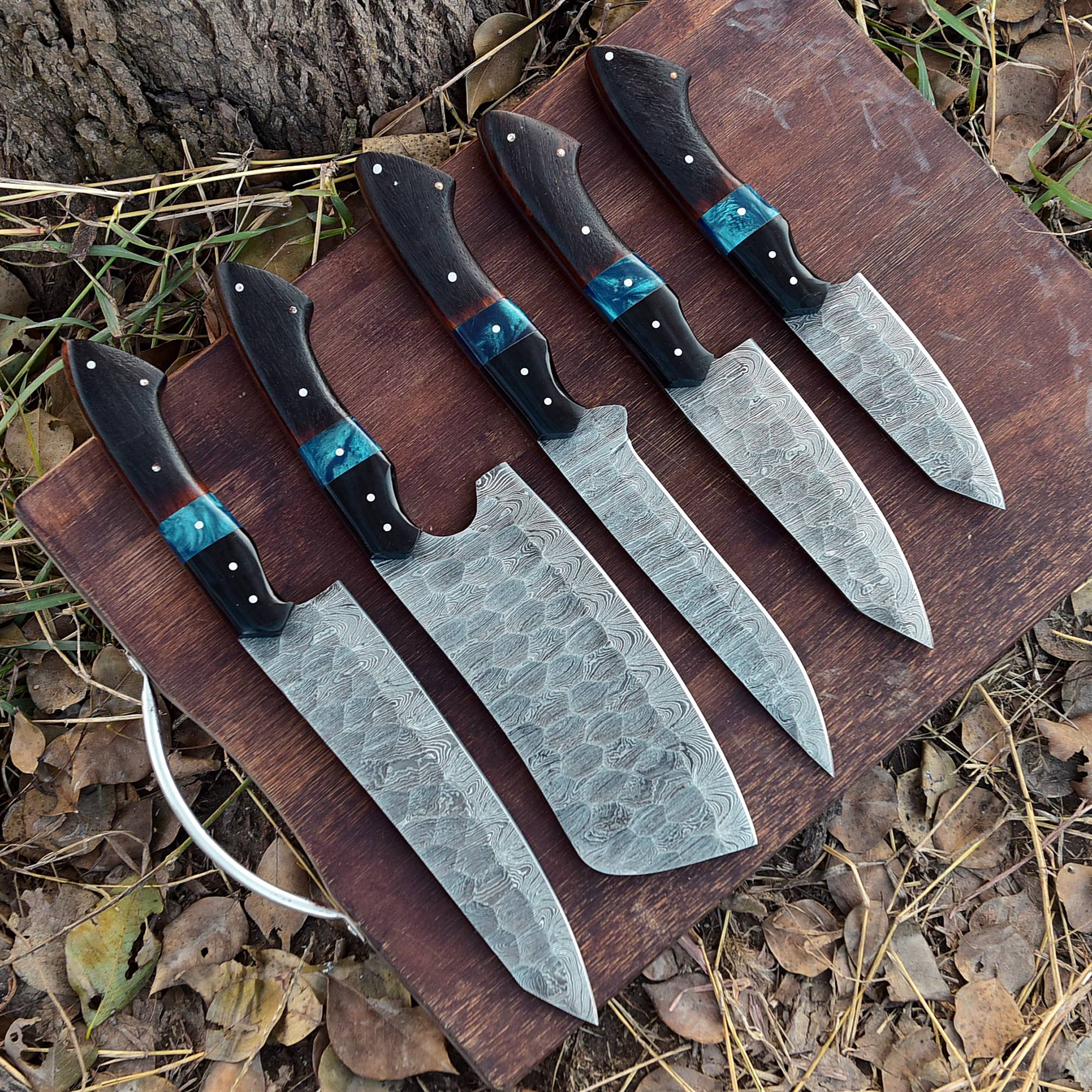Handmade Damascus 5 PCS Kitchen Knife Set Chef Cutlery Set Wood Resin Handle