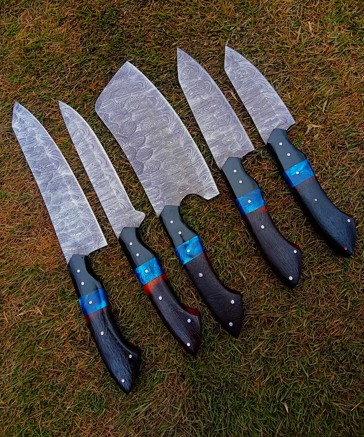 Handmade Damascus 5 PCS Kitchen Knife Set Chef Cutlery Set Wood Resin Handle - Image 10