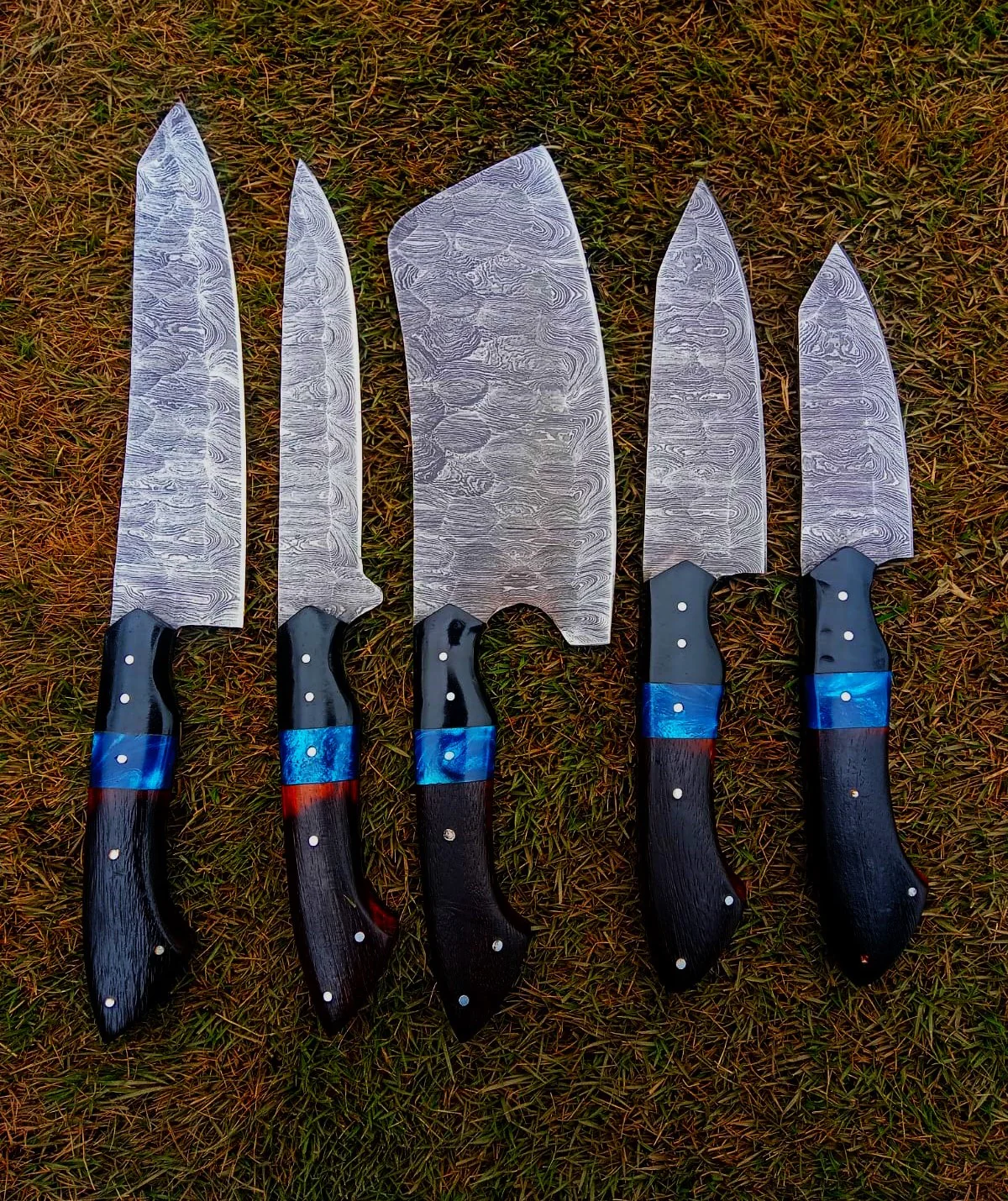 Handmade Damascus 5 PCS Kitchen Knife Set Chef Cutlery Set Wood Resin Handle - Image 11