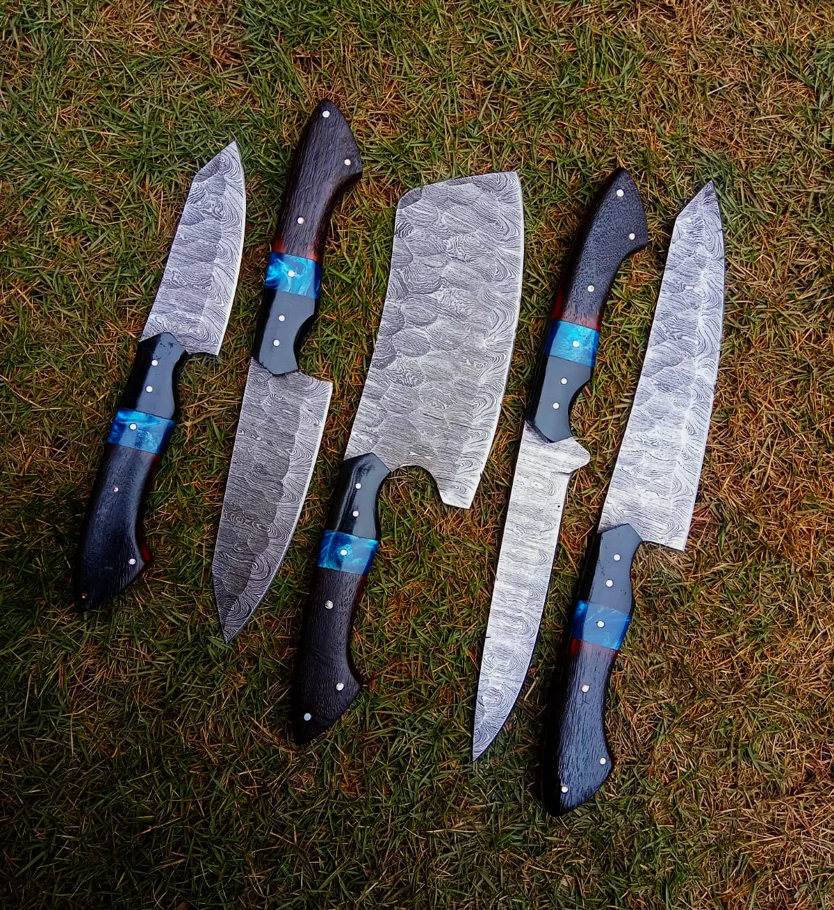 Handmade Damascus 5 PCS Kitchen Knife Set Chef Cutlery Set Wood Resin Handle - Image 12