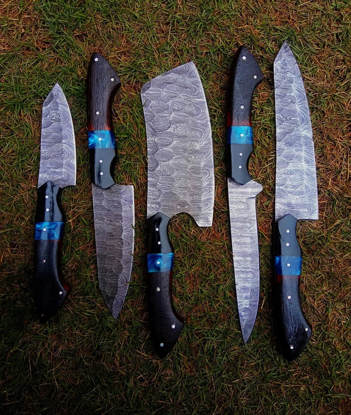 Handmade Damascus 5 PCS Kitchen Knife Set Chef Cutlery Set Wood Resin Handle - Image 13