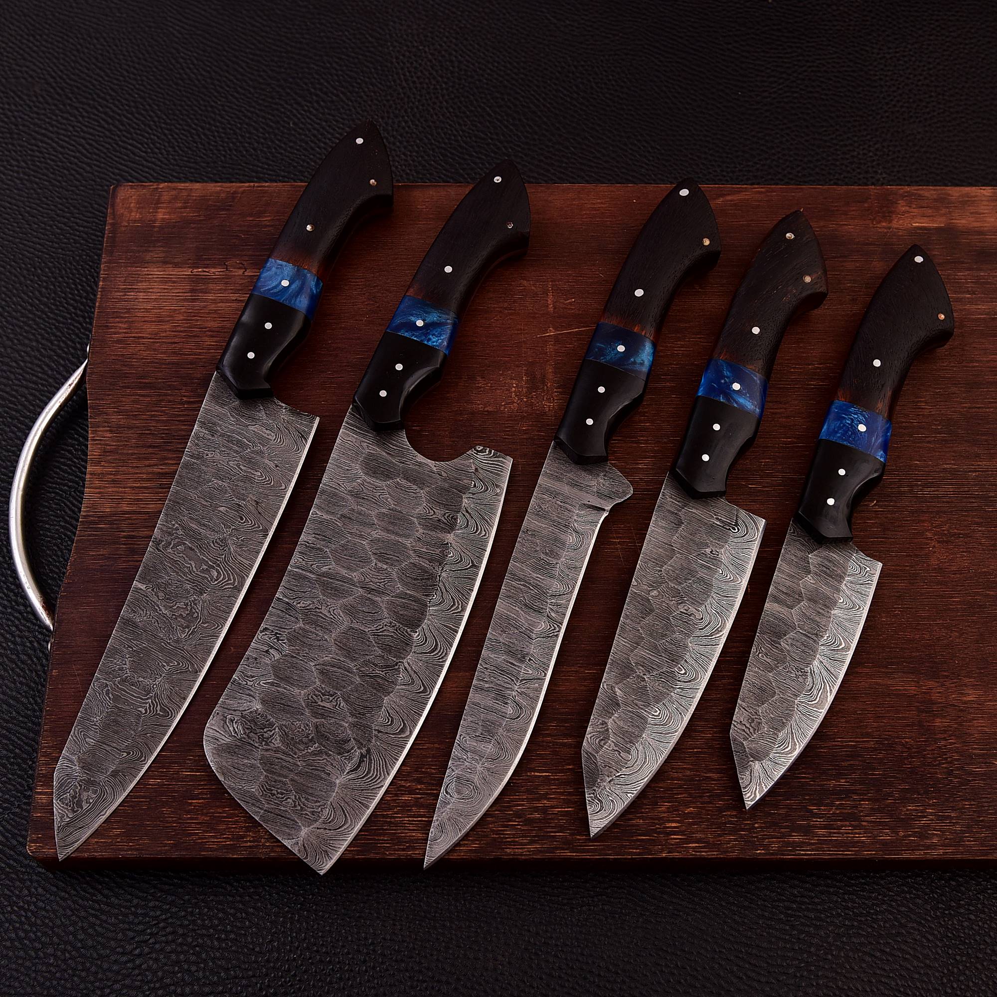 Handmade Damascus 5 PCS Kitchen Knife Set Chef Cutlery Set Wood Resin Handle - Image 14