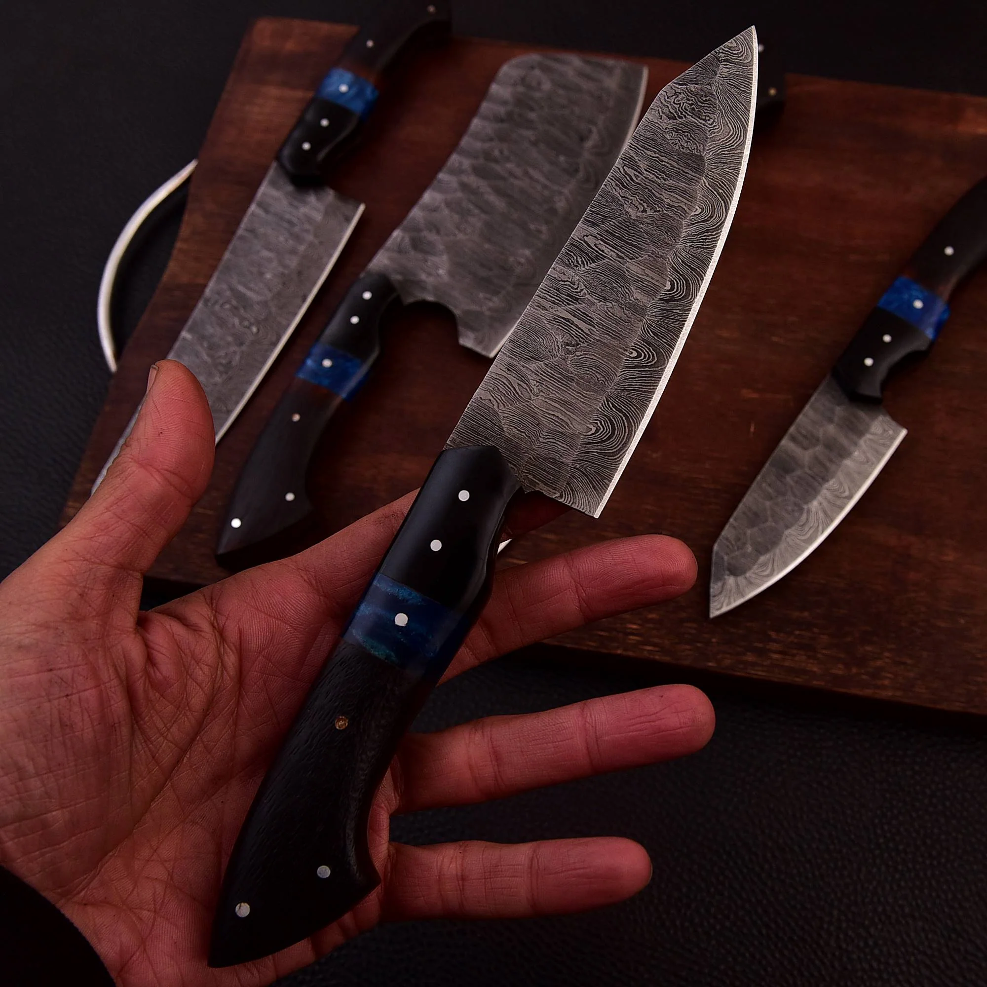 Handmade Damascus 5 PCS Kitchen Knife Set Chef Cutlery Set Wood Resin Handle - Image 15