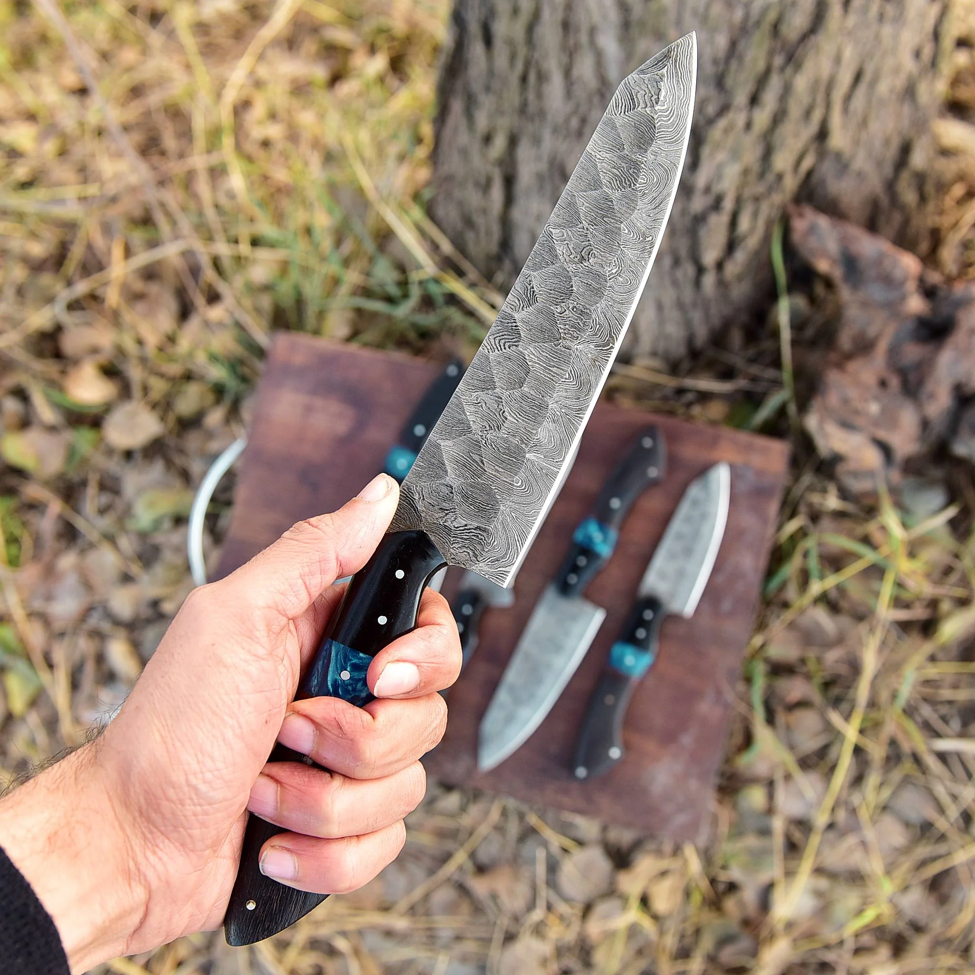 Handmade Damascus 5 PCS Kitchen Knife Set Chef Cutlery Set Wood Resin Handle - Image 16