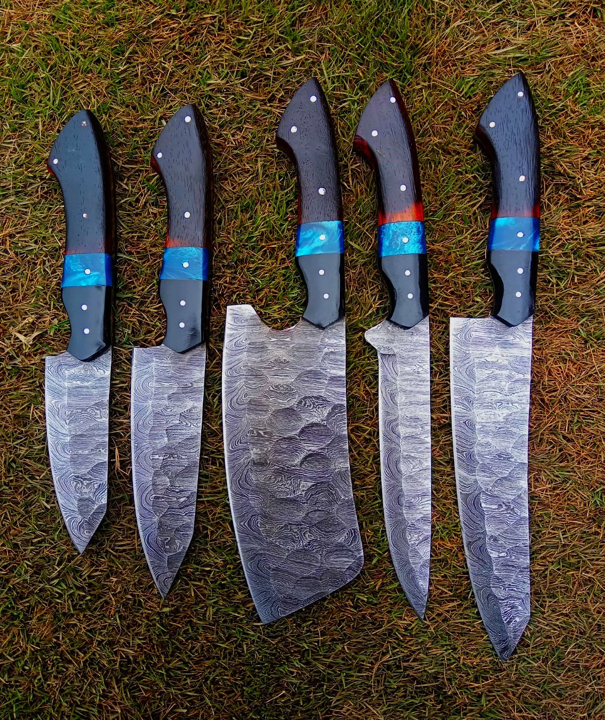Handmade Damascus 5 PCS Kitchen Knife Set Chef Cutlery Set Wood Resin Handle - Image 17