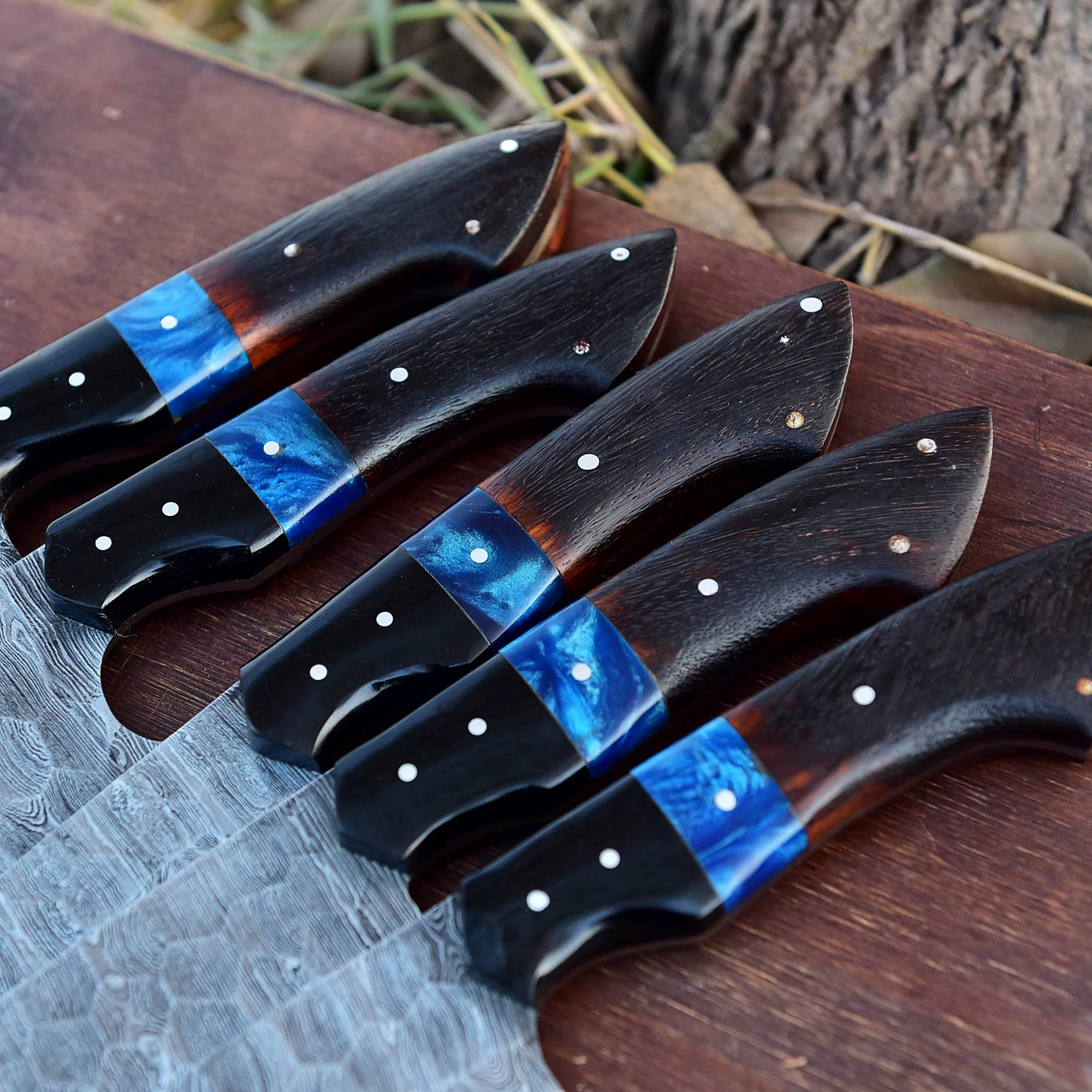 Handmade Damascus 5 PCS Kitchen Knife Set Chef Cutlery Set Wood Resin Handle - Image 5