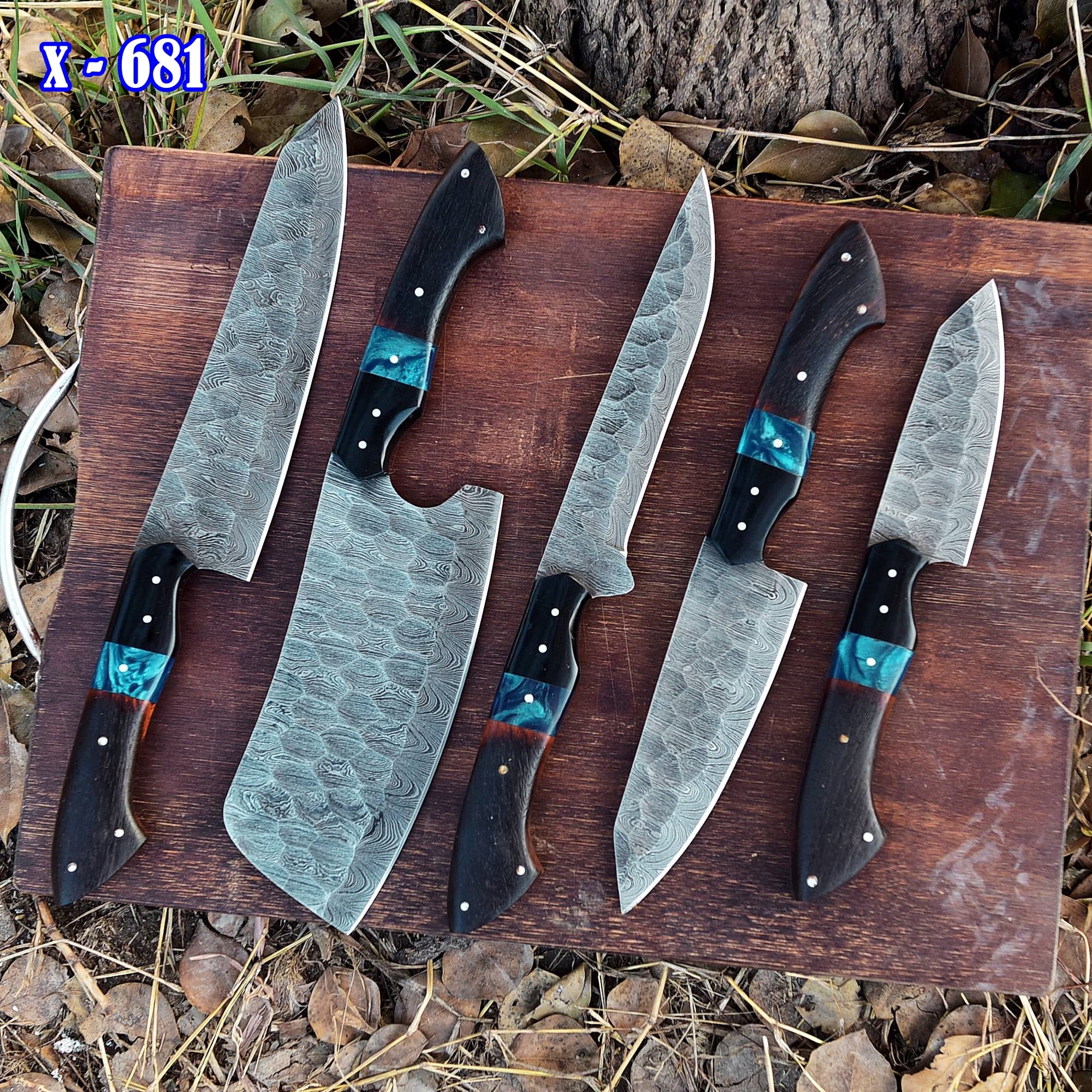 Handmade Damascus 5 PCS Kitchen Knife Set Chef Cutlery Set Wood Resin Handle - Image 6
