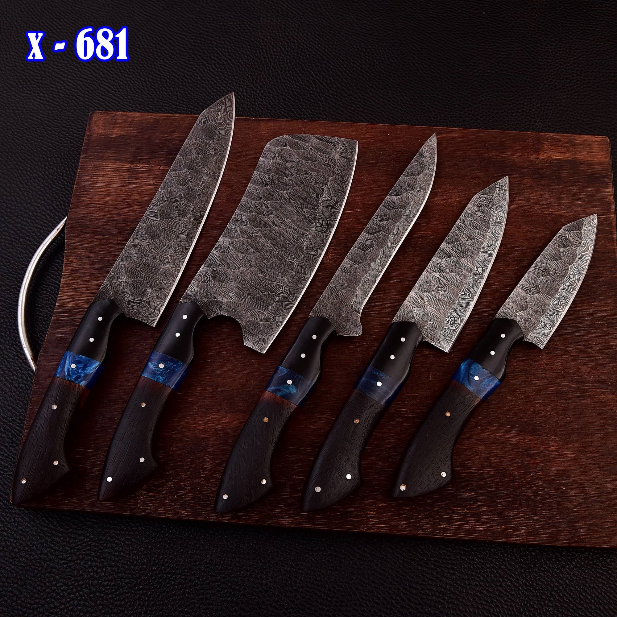 Handmade Damascus 5 PCS Kitchen Knife Set Chef Cutlery Set Wood Resin Handle - Image 7