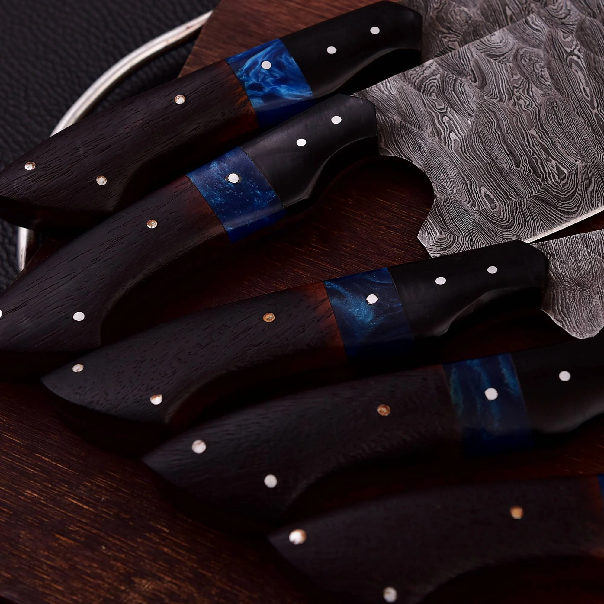 Handmade Damascus 5 PCS Kitchen Knife Set Chef Cutlery Set Wood Resin Handle - Image 8