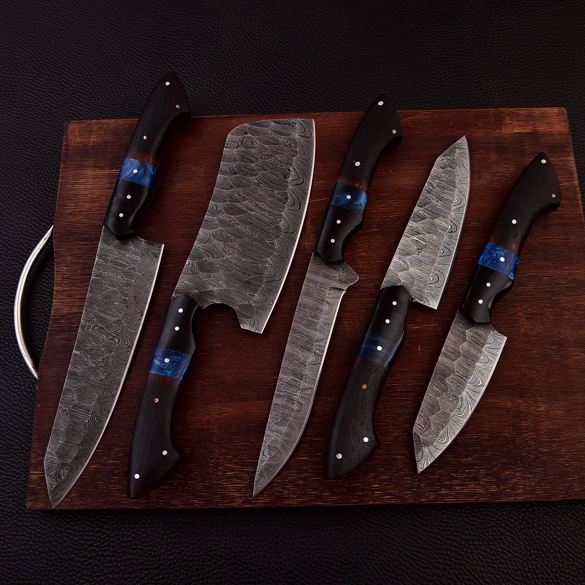 Handmade Damascus 5 PCS Kitchen Knife Set Chef Cutlery Set Wood Resin Handle - Image 9