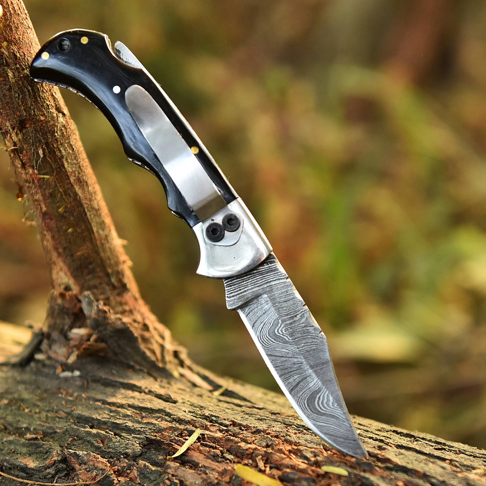 Handmade Damascus Back Lock Folding Blade Pocket Knife Resin Handle - Image 7