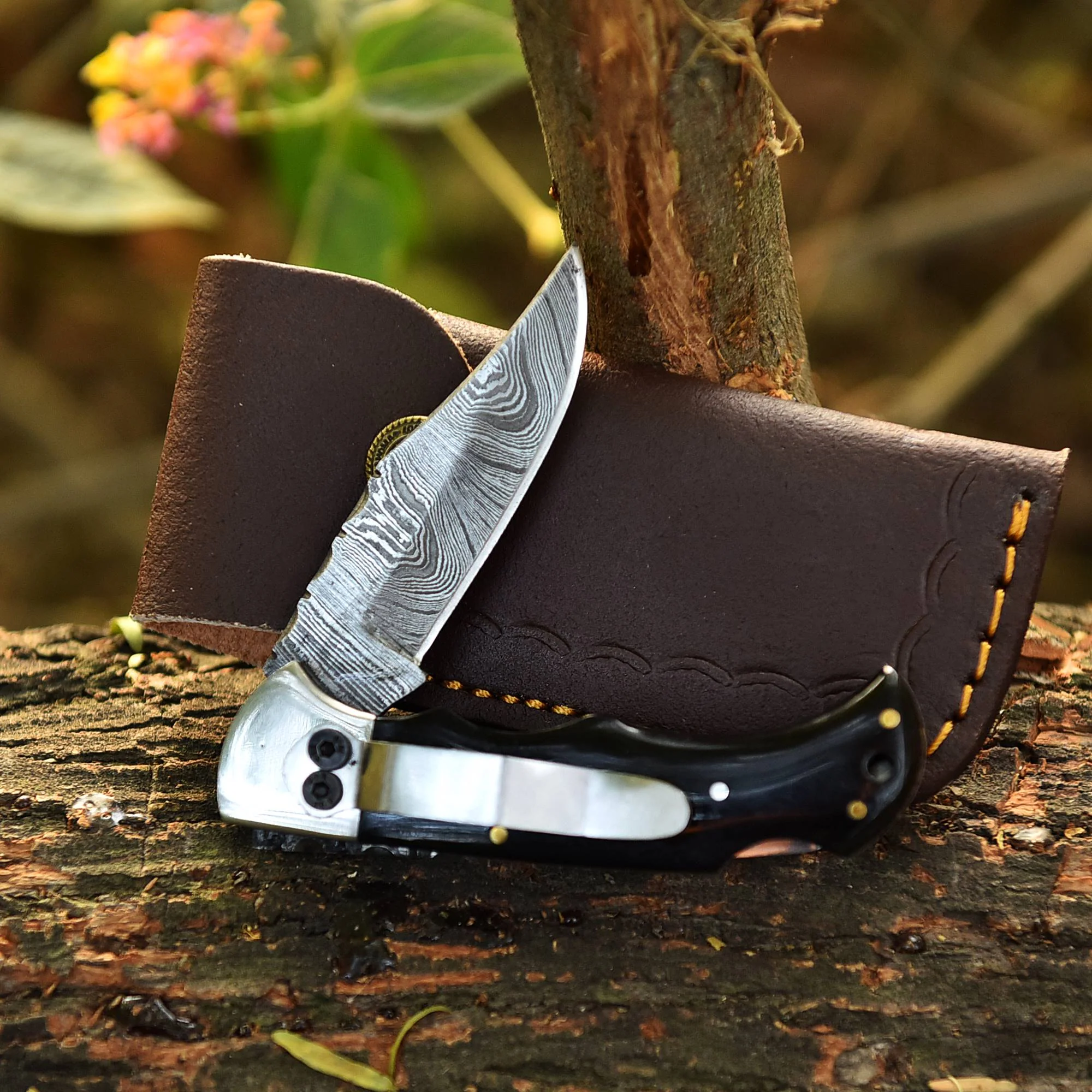 Handmade Damascus Back Lock Folding Blade Pocket Knife Resin Handle - Image 9