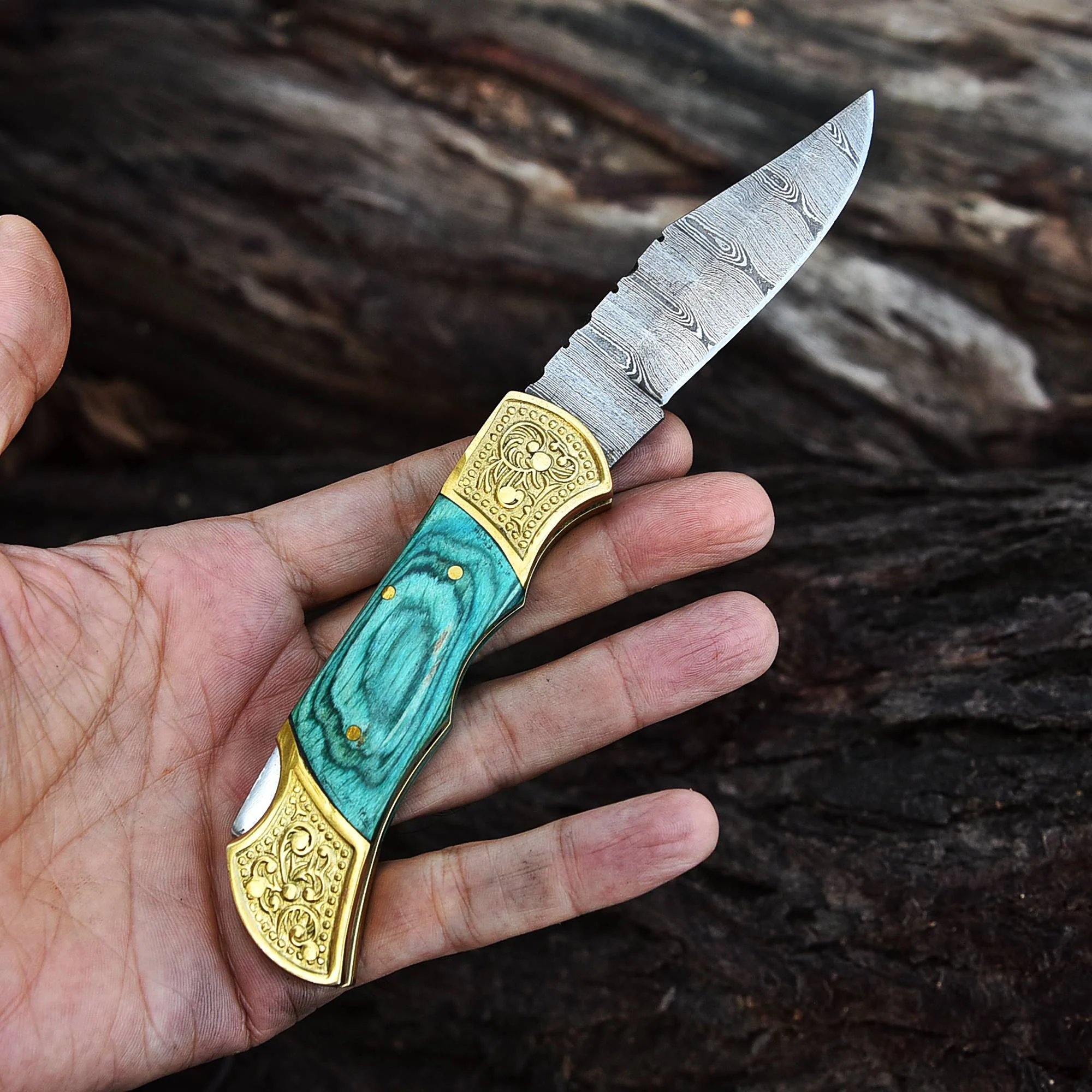 Handmade Damascus Back Lock Folding Blade Pocket Knife-Wood Engraved Bolster Handle - Image 5