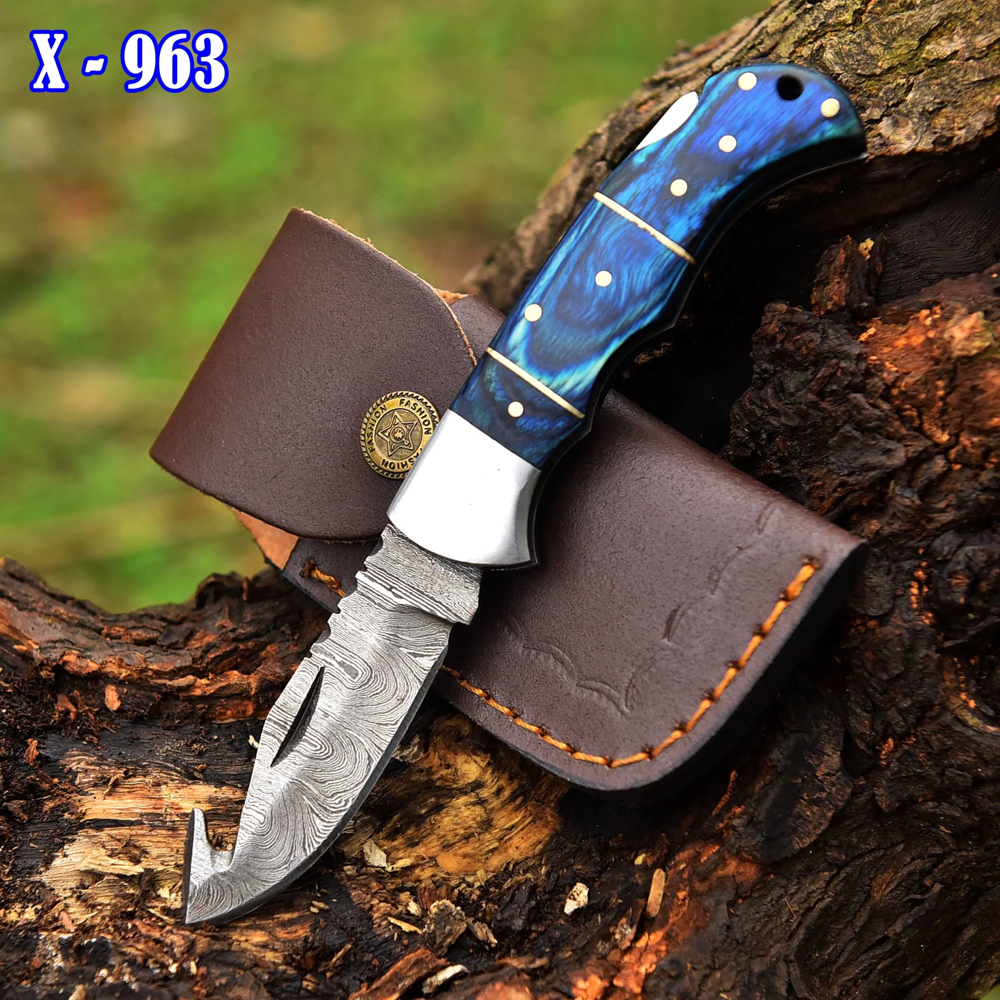 Handmade Damascus Back Lock Folding Blade Pocket Knife Wood Handle - Image 2