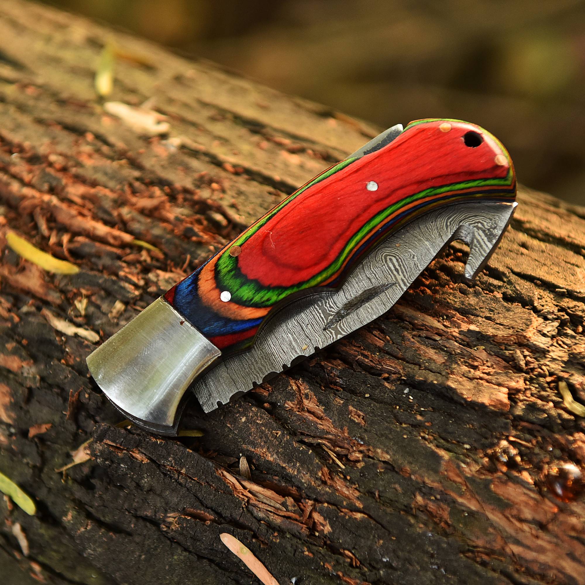 Handmade Damascus Back Lock Folding Gut Hook Blade Hunting Pocket Knife - Image 10