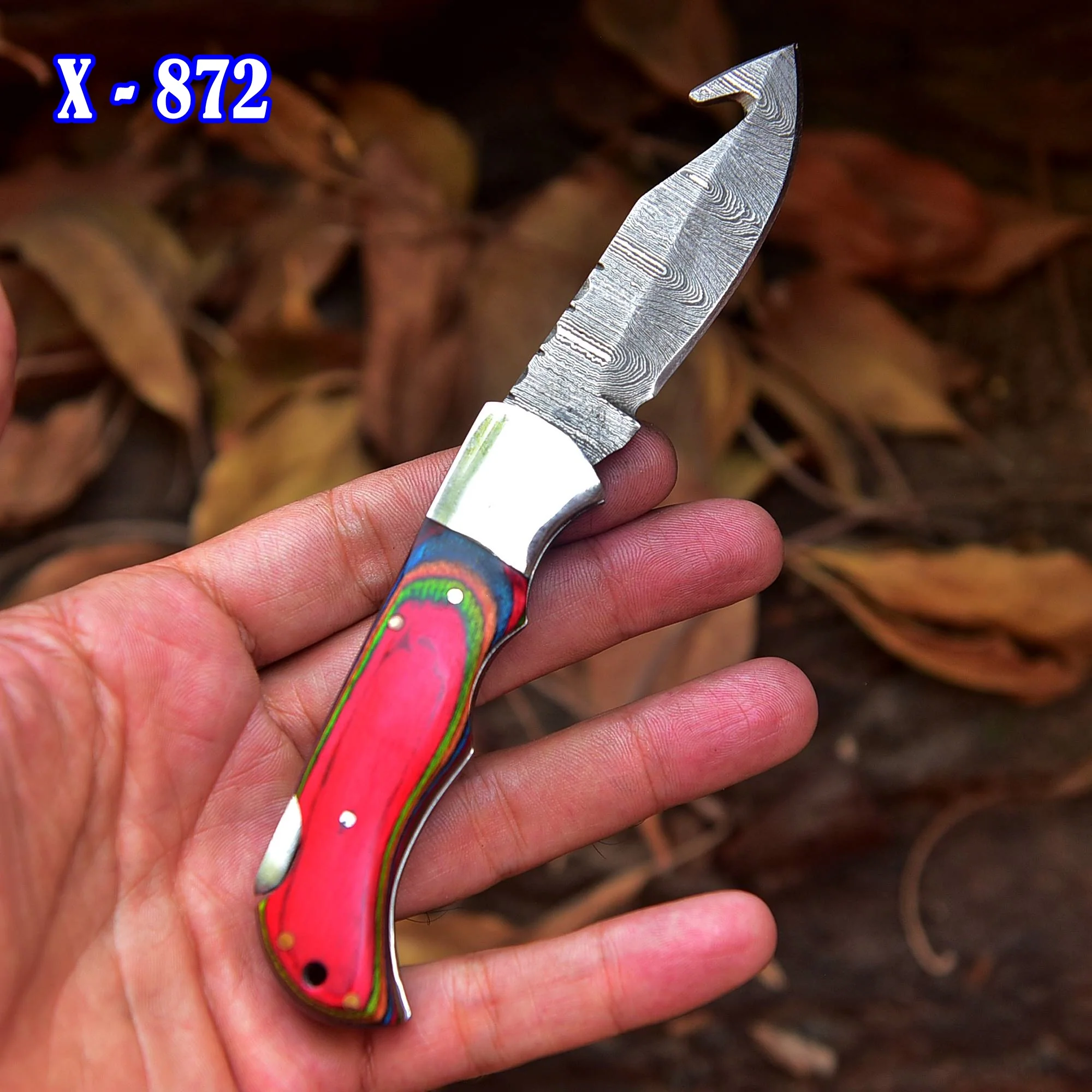 Handmade Damascus Back Lock Folding Gut Hook Blade Hunting Pocket Knife - Image 3