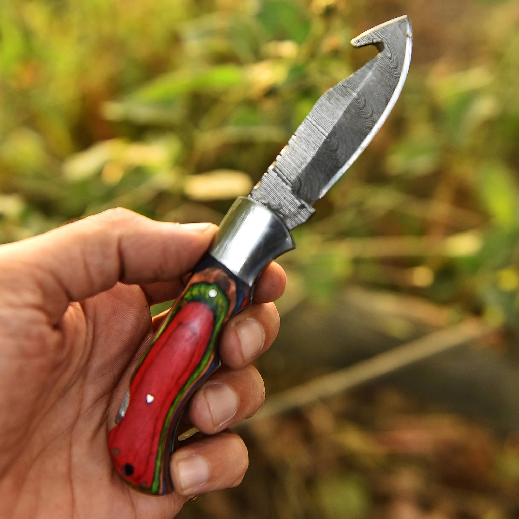 Handmade Damascus Back Lock Folding Gut Hook Blade Hunting Pocket Knife - Image 7