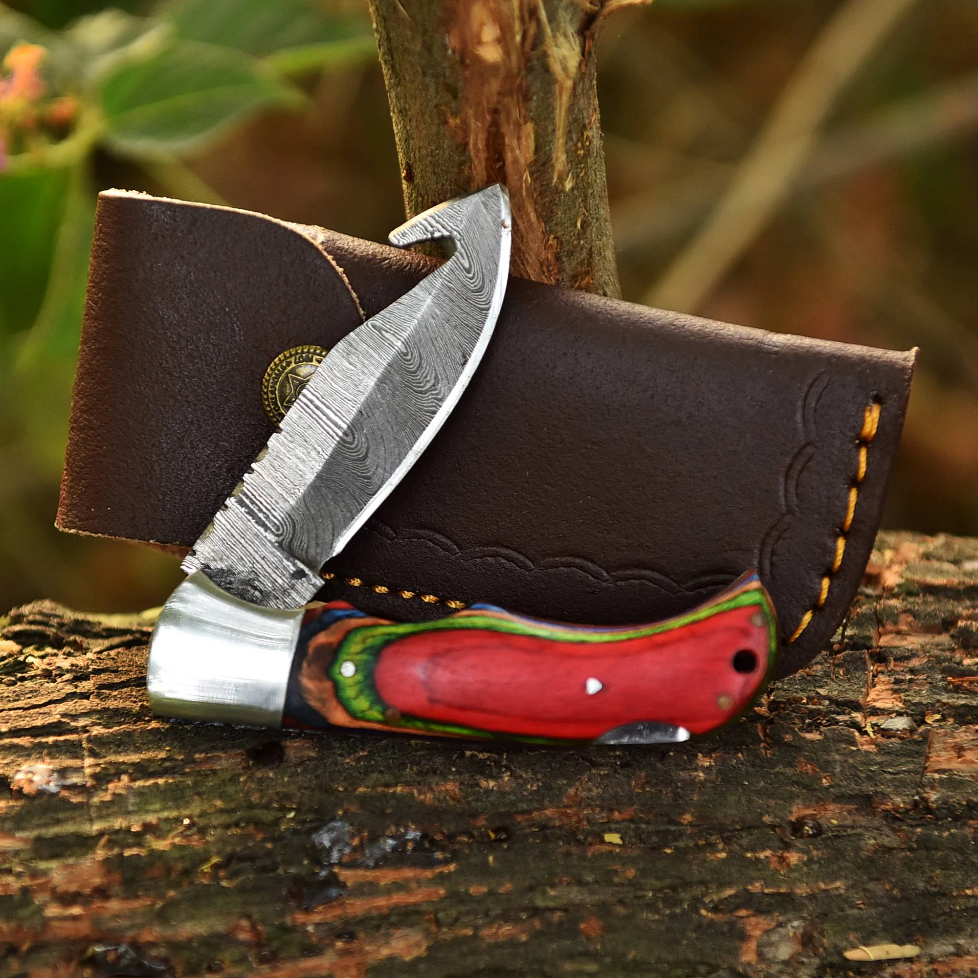 Handmade Damascus Back Lock Folding Gut Hook Blade Hunting Pocket Knife - Image 8