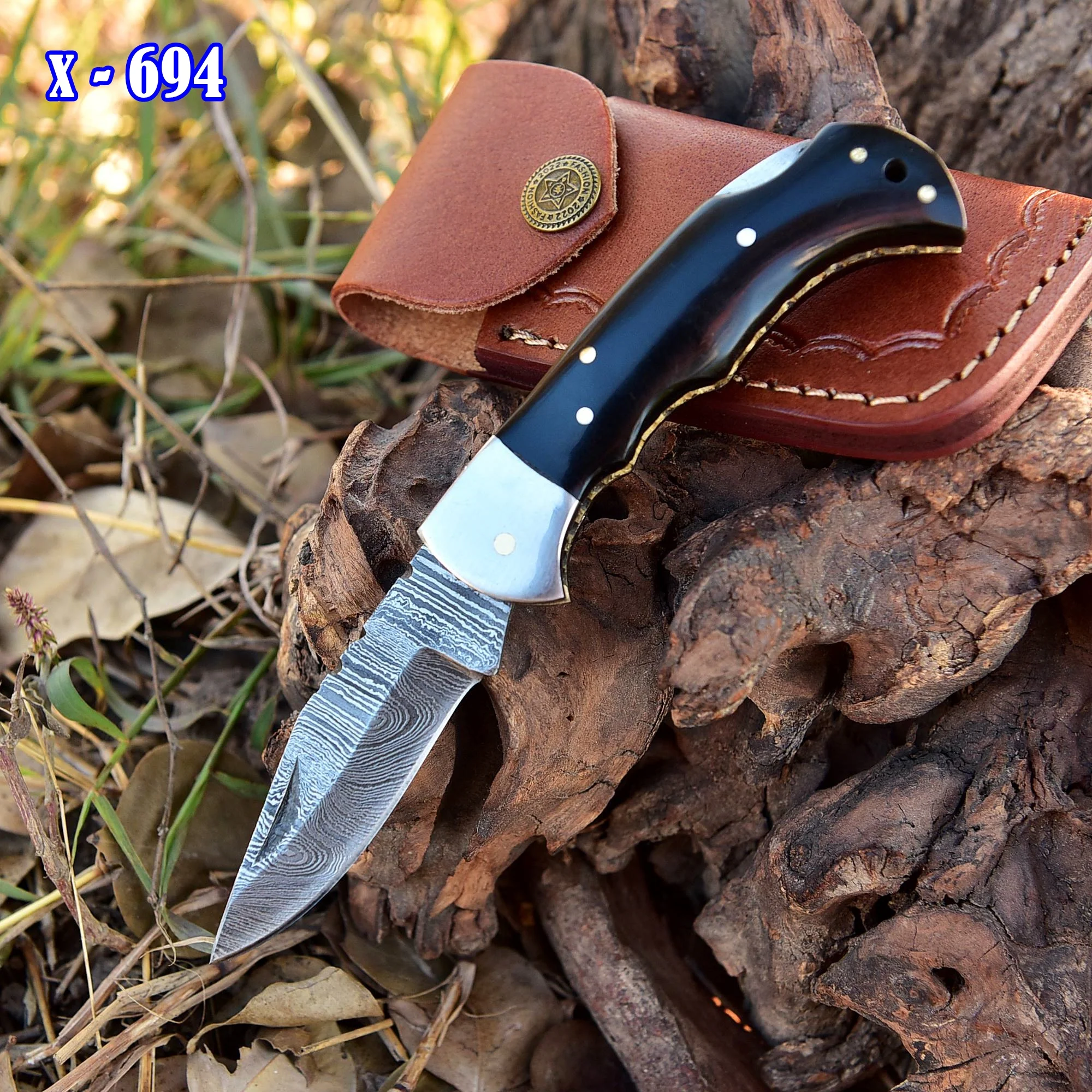 Handmade Damascus Back Lock Folding Pocket Camping Knife Wood Handle - Image 2
