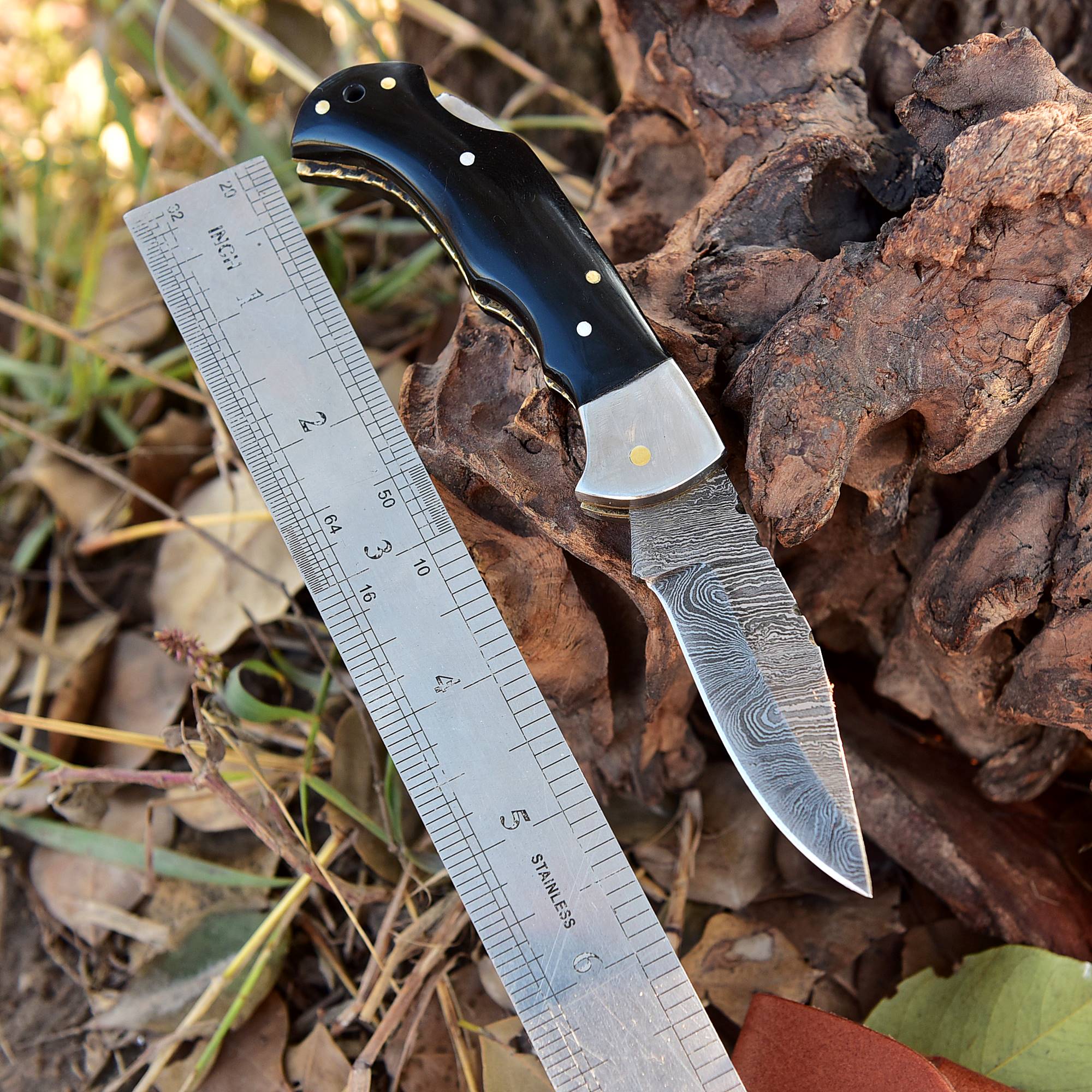 Handmade Damascus Back Lock Folding Pocket Camping Knife Wood Handle - Image 3