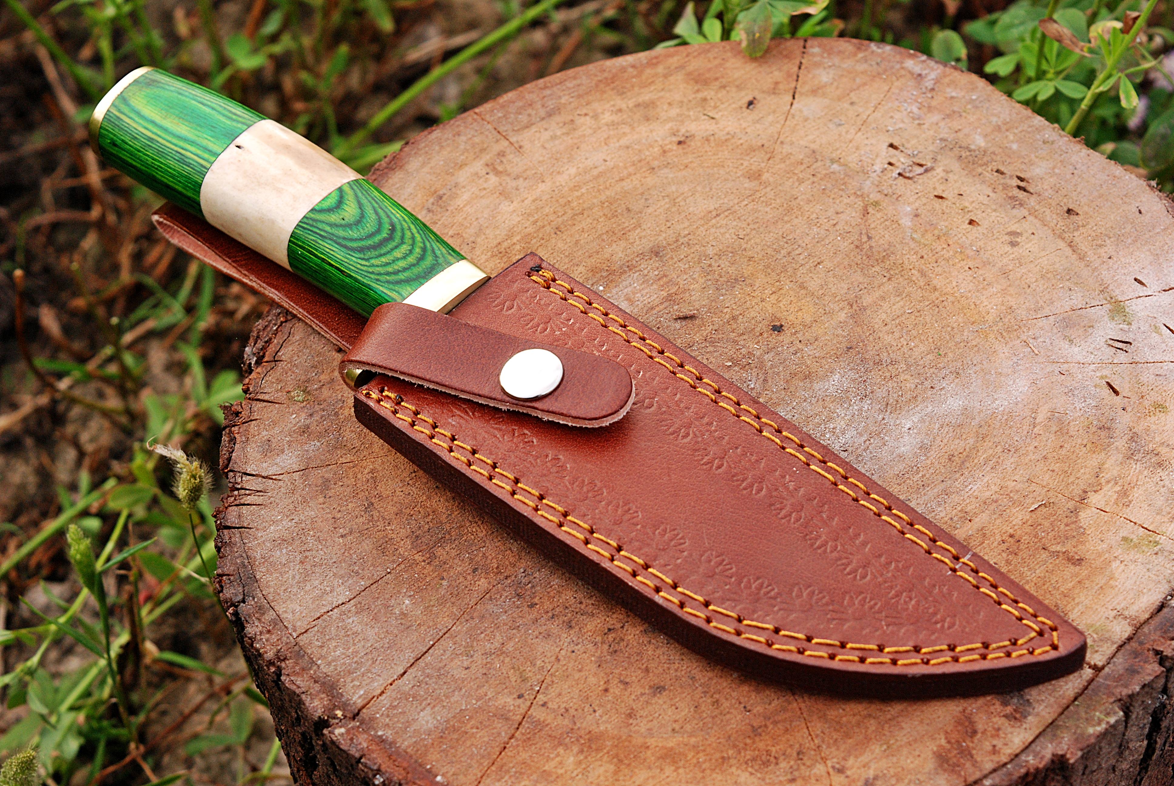 Handmade Damascus Bowie Knife Bone & Green Wood Handle - Image 6
