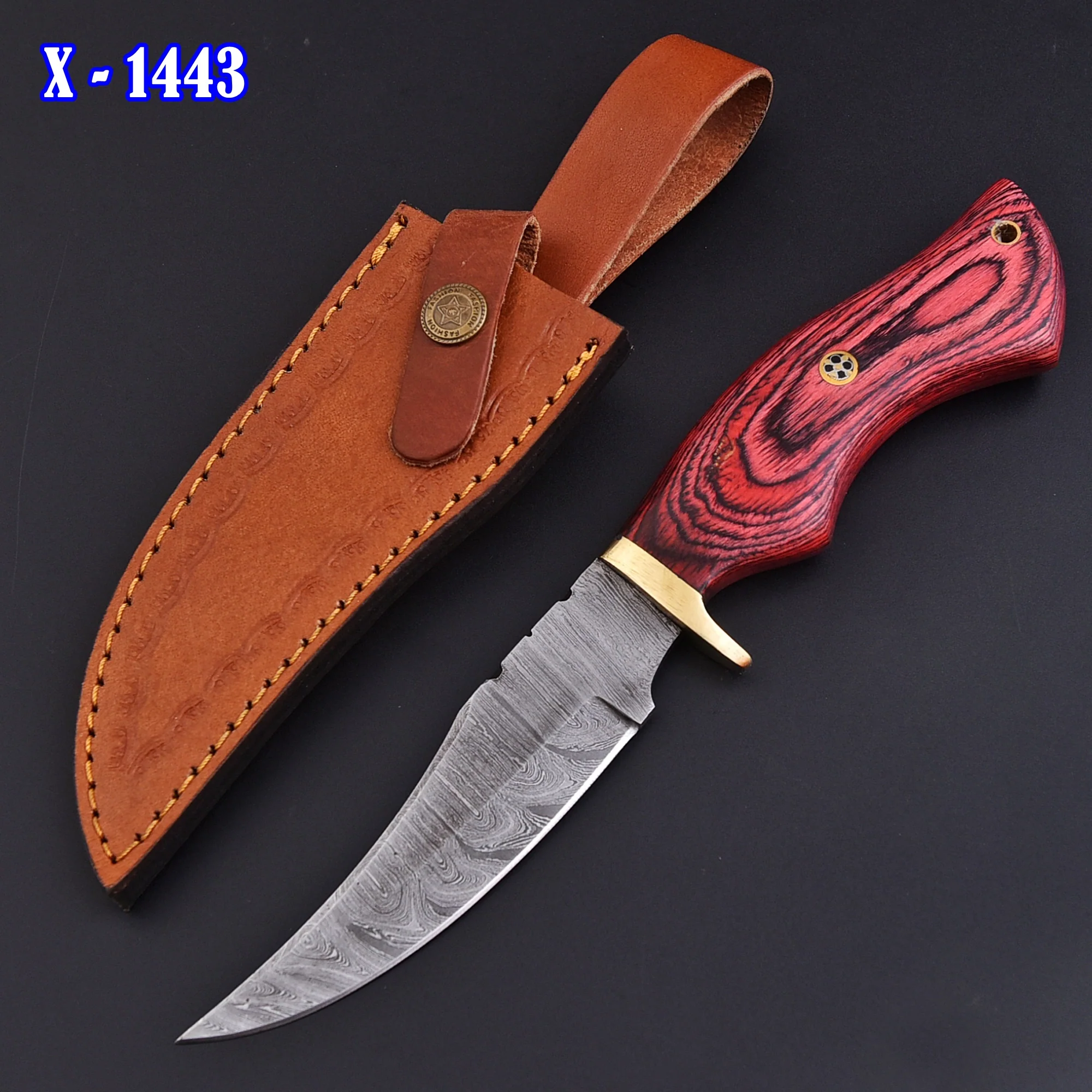 Handmade Damascus Camping Tactical Skinning Knife Wood Handle Brass Guard - Image 2