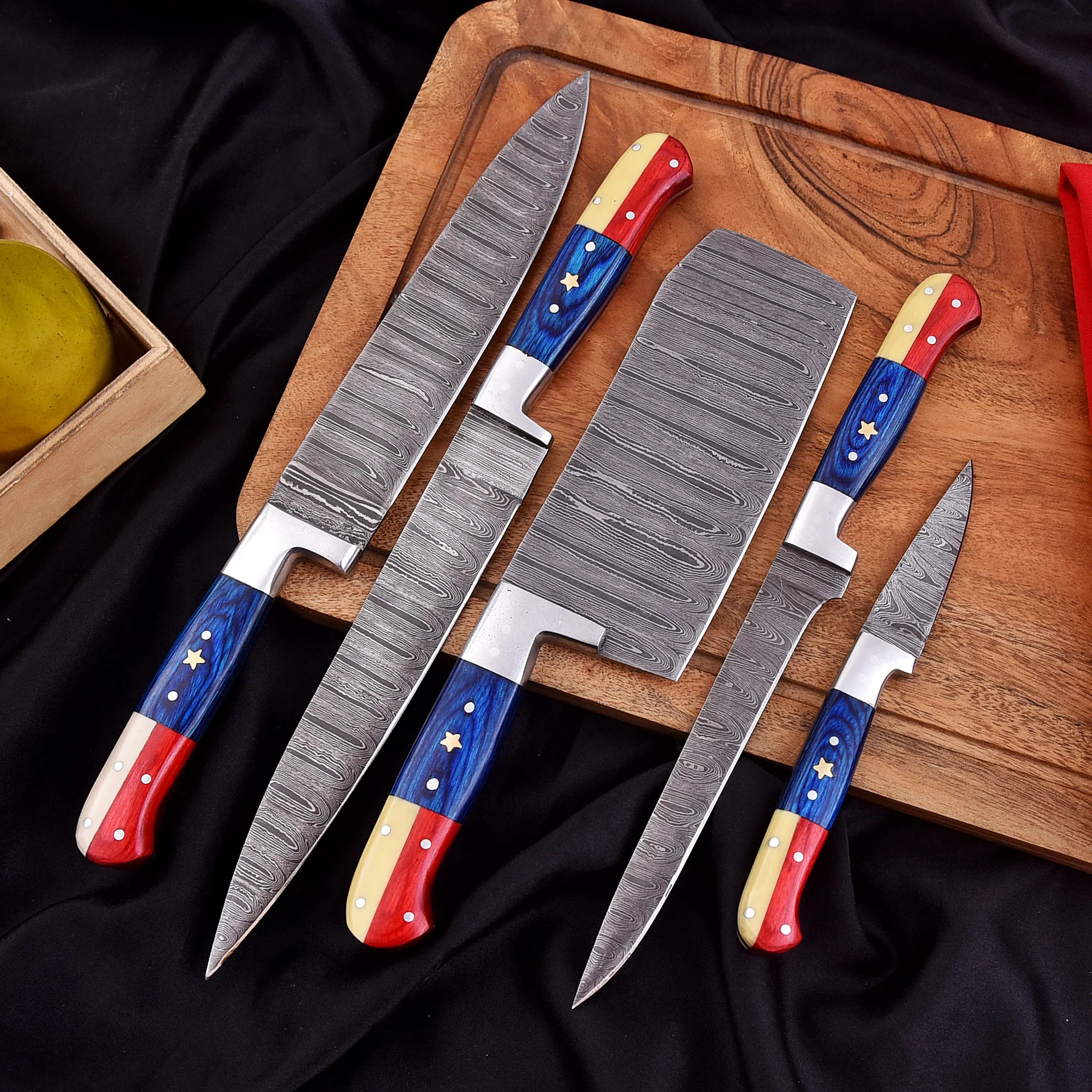Handmade Damascus Chef Knife Set 5 Pieces Forged Kitchen Knife Set - Image 4