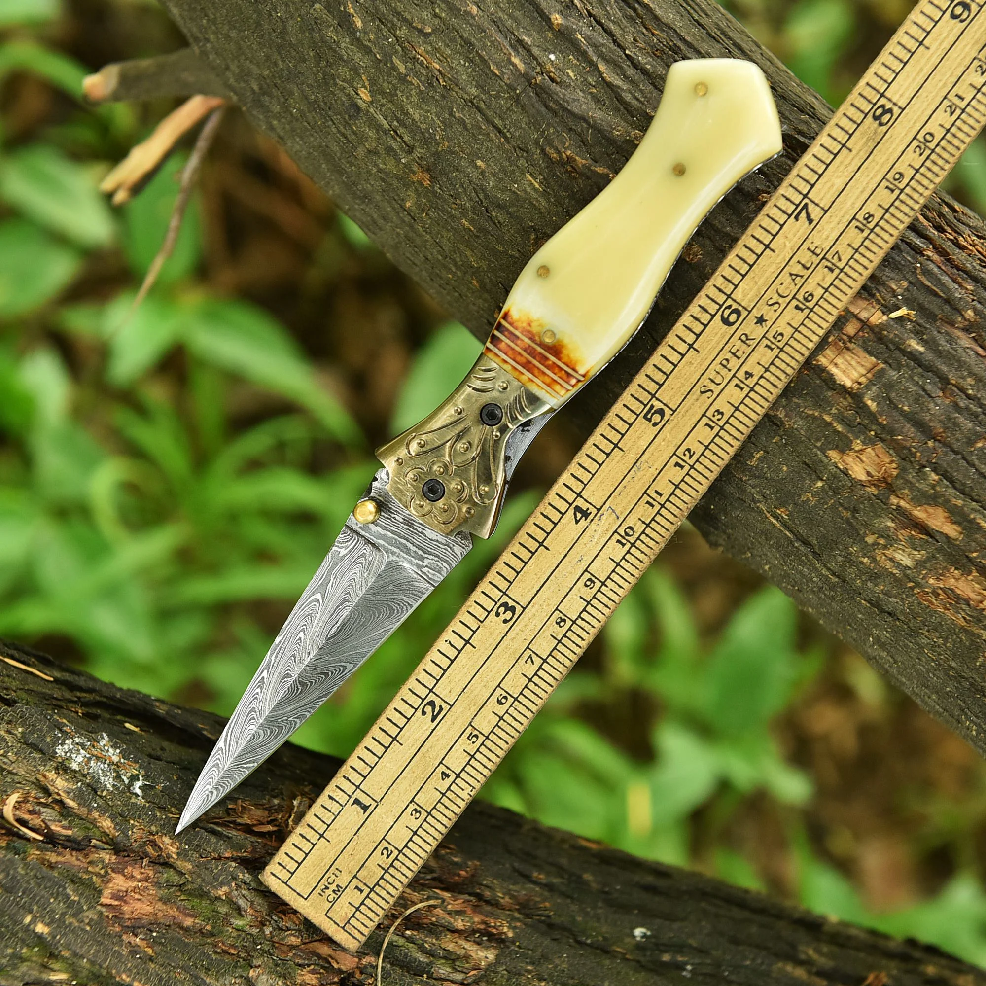 Handmade Damascus Double Edge Dagger Blade Pocket Knife Camel Bone Handle - Image 4