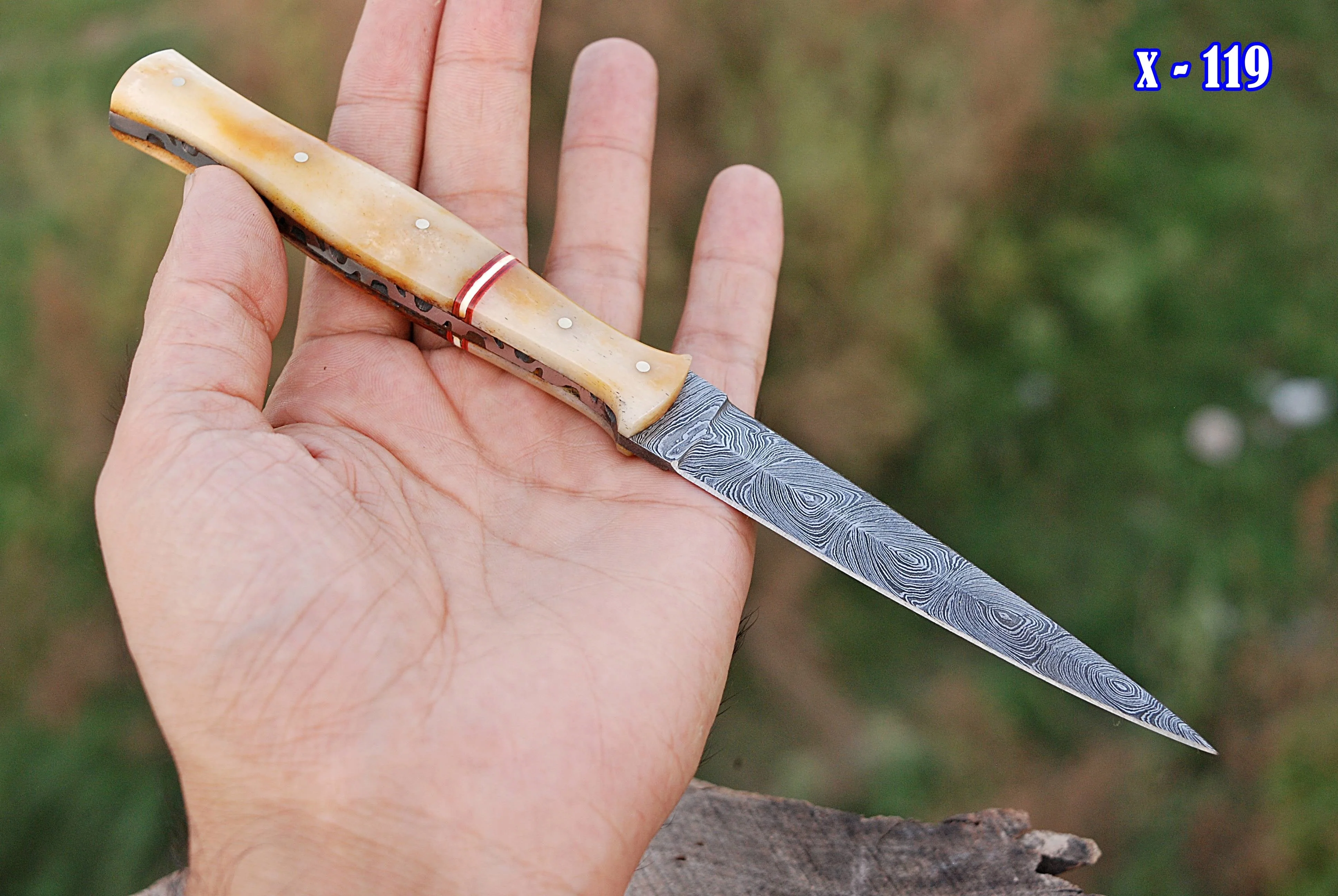 Handmade Damascus Double Edged Blade Knife - Original Camel Bone Handle -x119 - Image 2