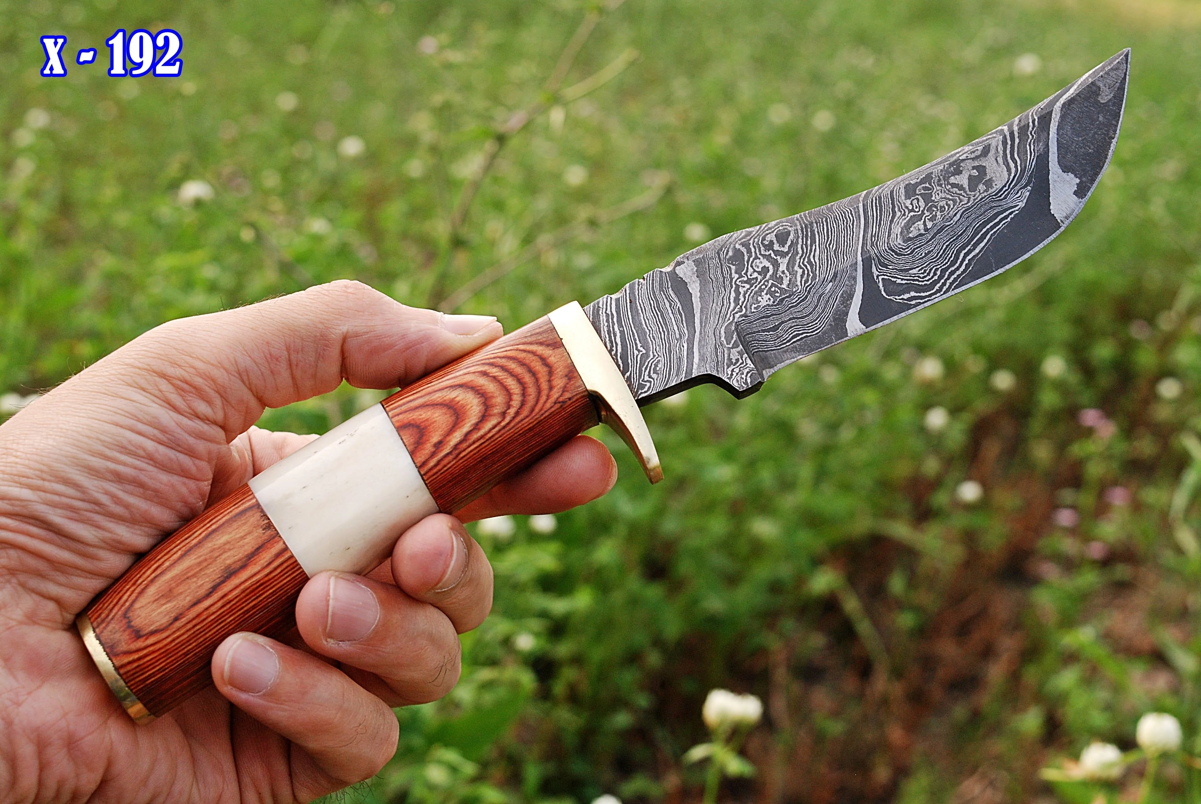 Handmade Damascus Fixed Blade Knife Wood & Bone Handle Brass Guard X-192 - Image 2
