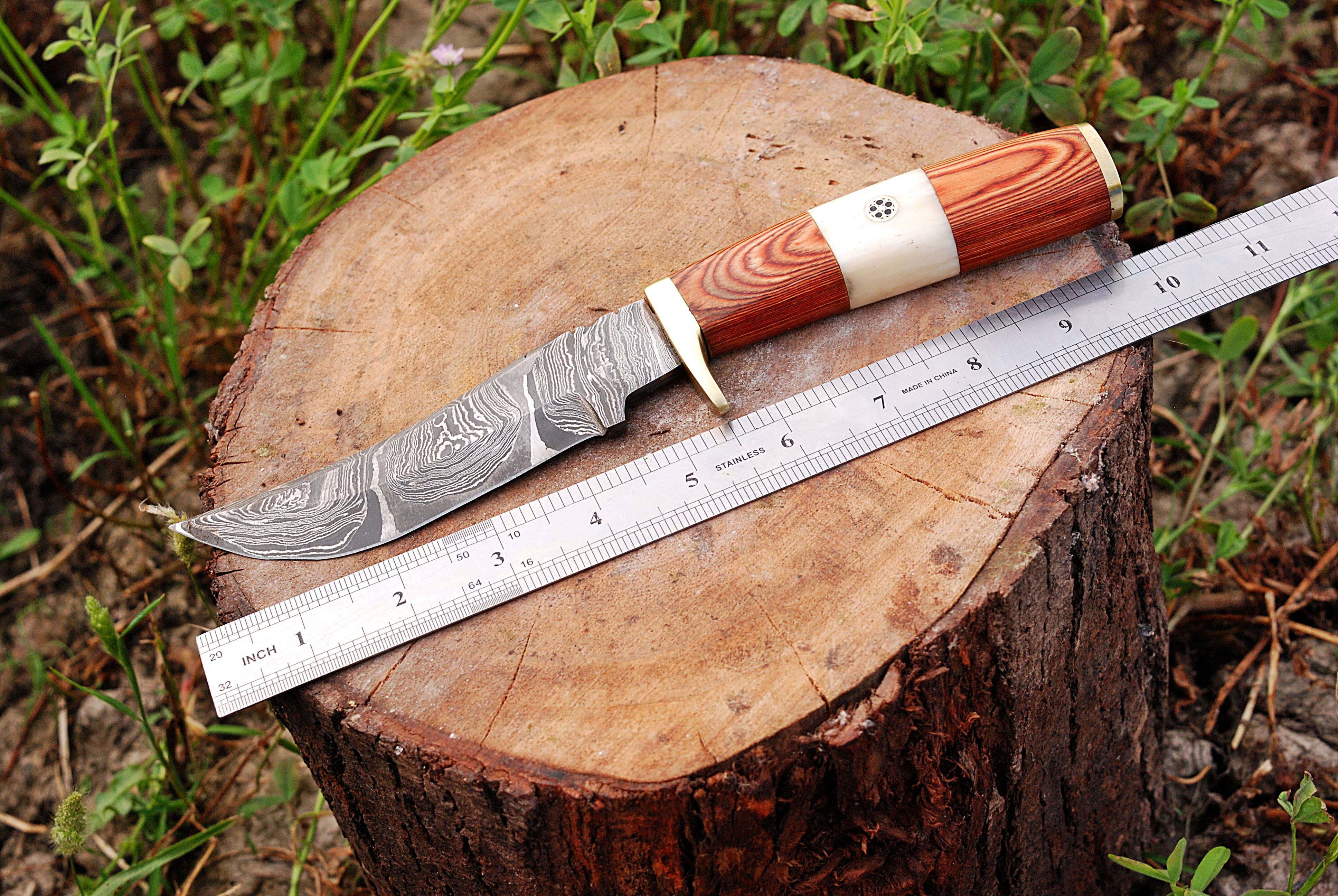 Handmade Damascus Fixed Blade Knife Wood & Bone Handle Brass Guard X-192 - Image 4
