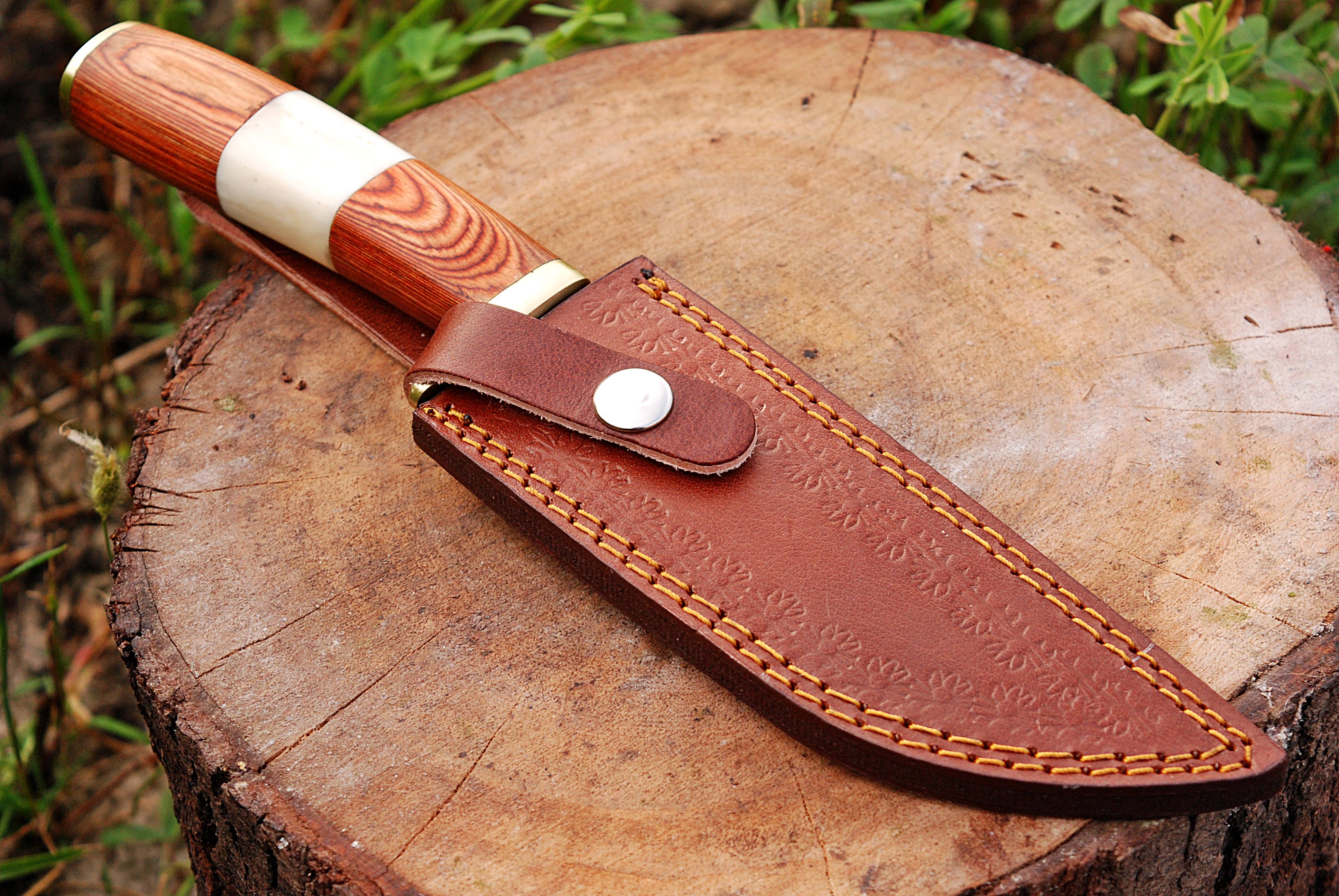 Handmade Damascus Fixed Blade Knife Wood & Bone Handle Brass Guard X-192 - Image 5