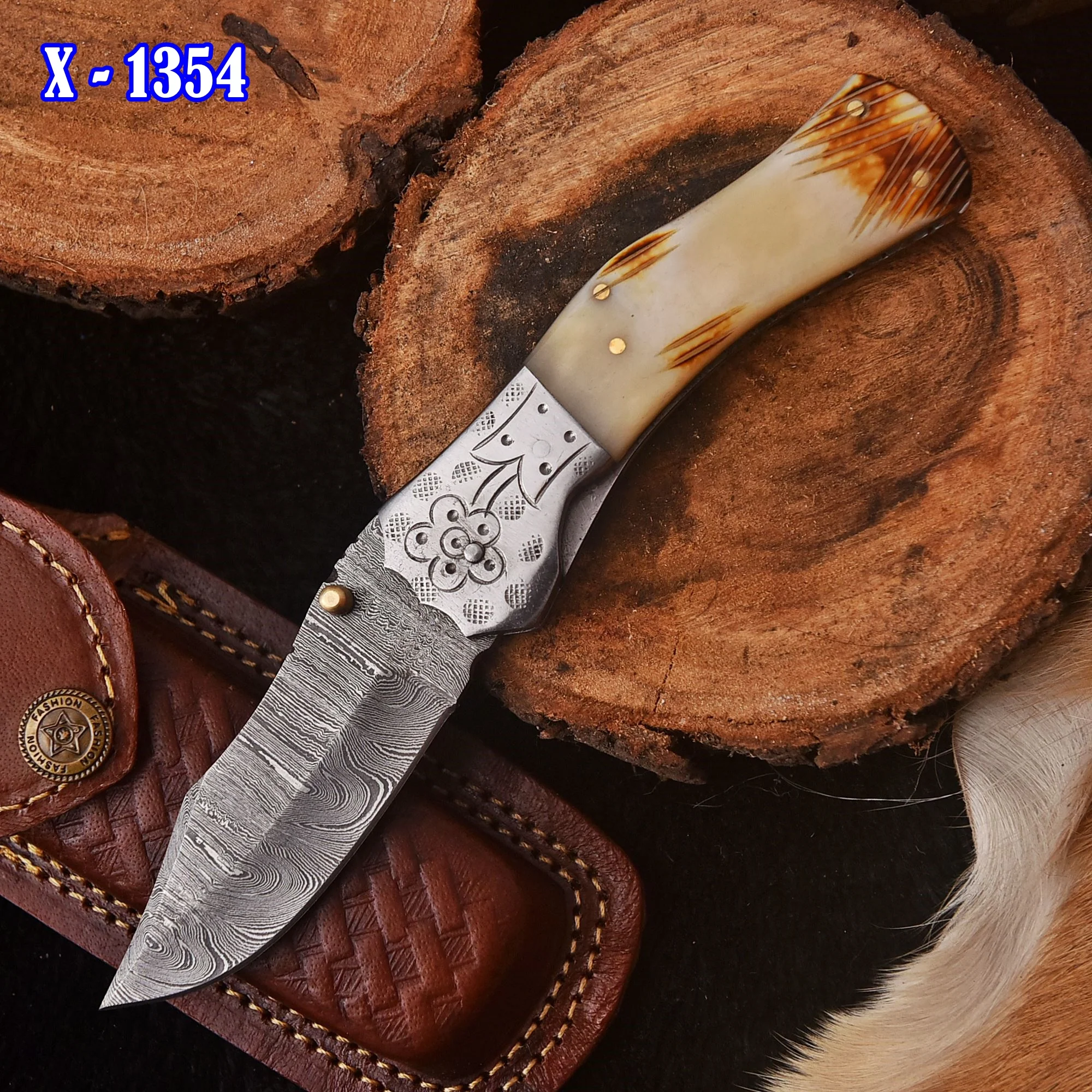 Handmade Damascus Folding Blade Pocket Hunting Knife Camel Bone Handle - Image 2
