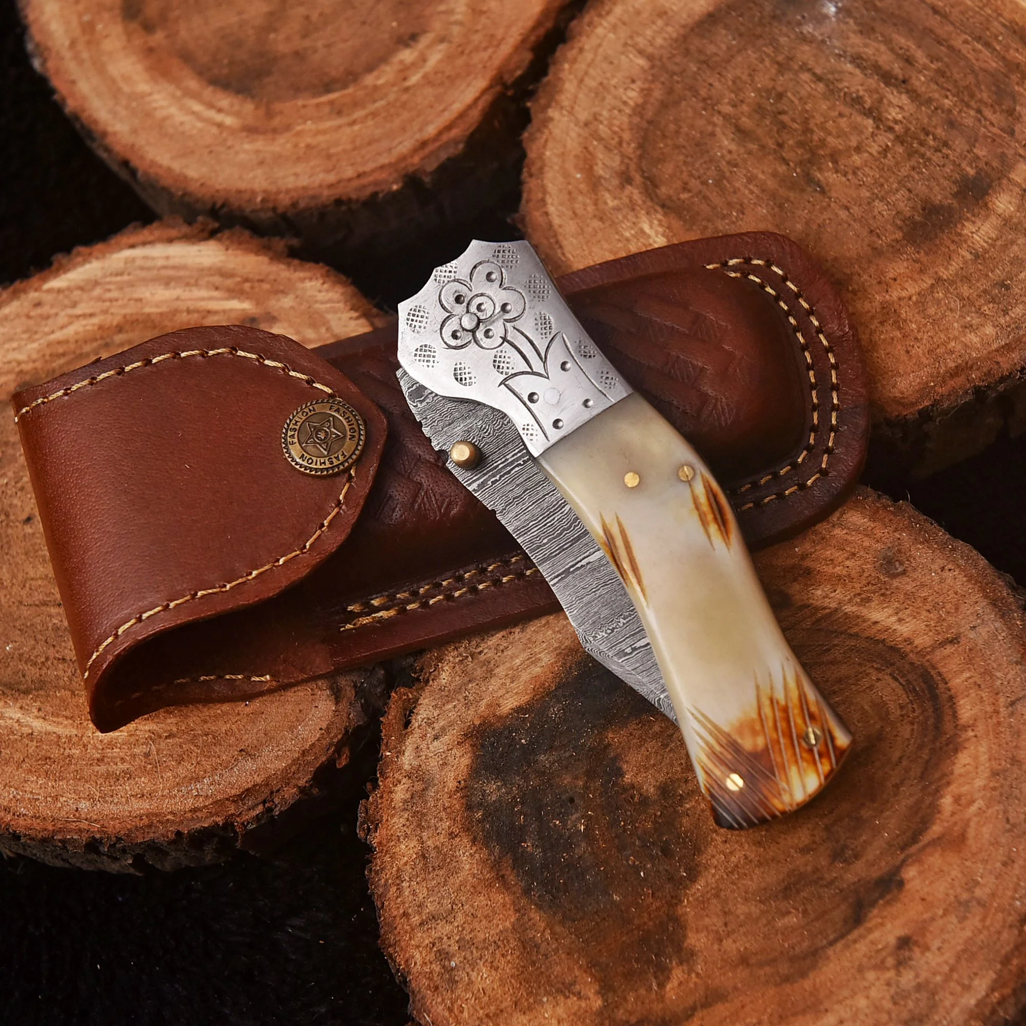 Handmade Damascus Folding Blade Pocket Hunting Knife Camel Bone Handle - Image 5