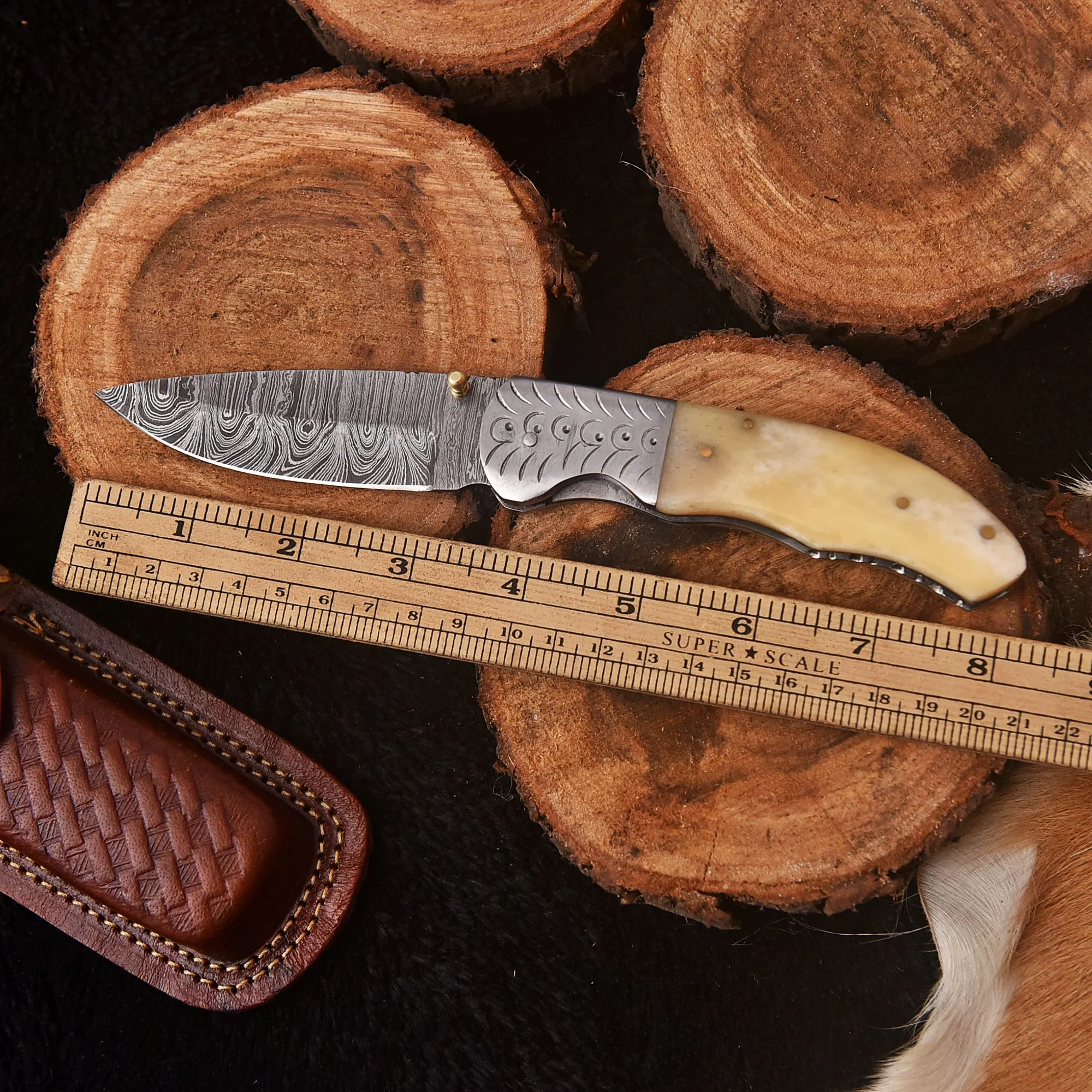 Handmade Damascus Folding Blade Pocket Hunting Knife Inner Lock Camel Bone Handle