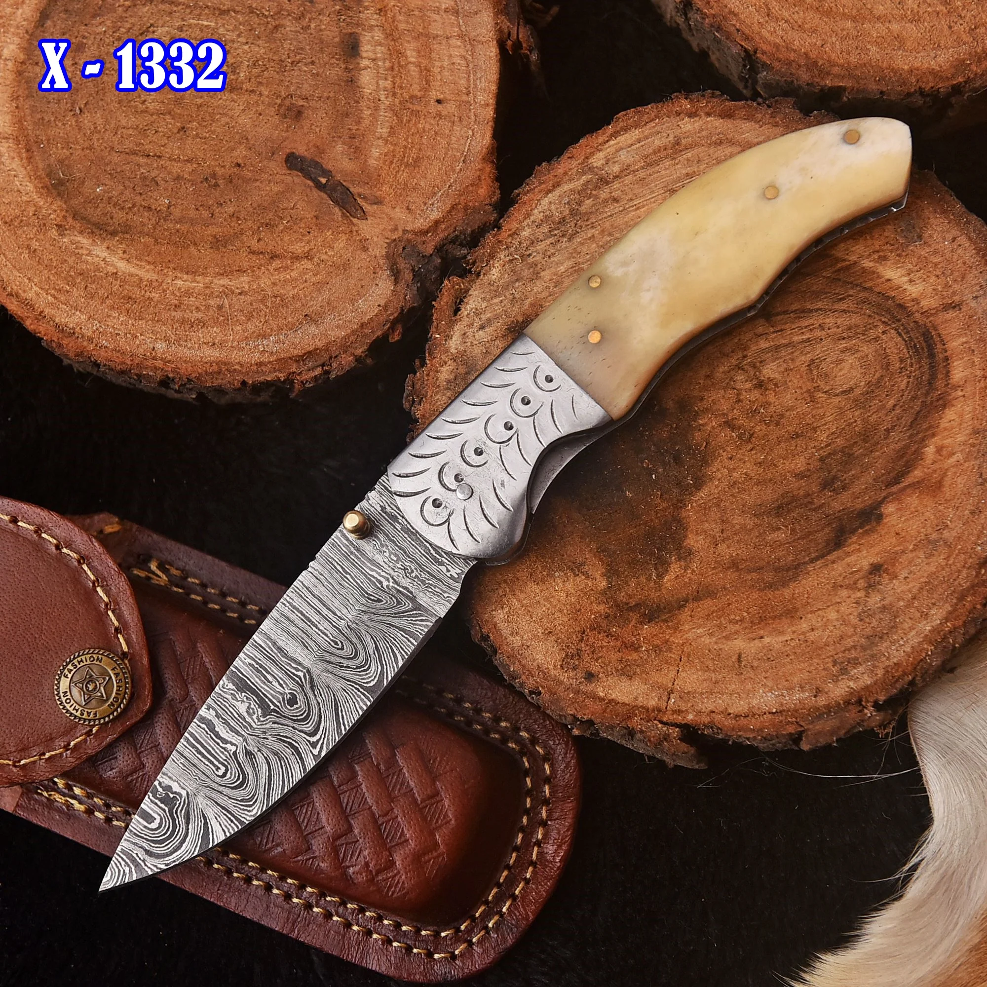 Handmade Damascus Folding Blade Pocket Hunting Knife Inner Lock Camel Bone Handle - Image 2