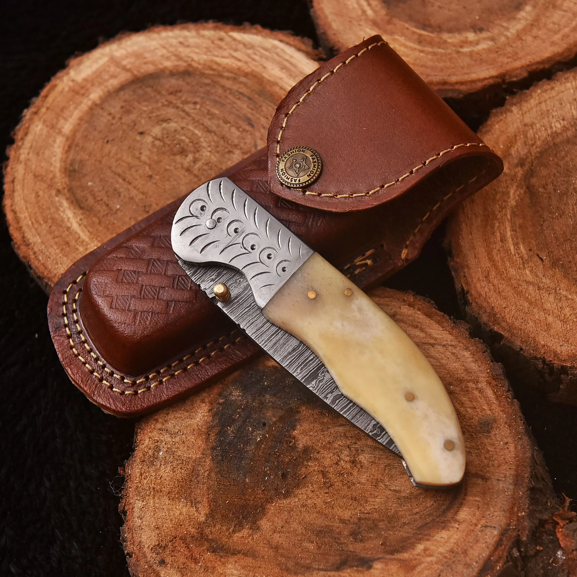 Handmade Damascus Folding Blade Pocket Hunting Knife Inner Lock Camel Bone Handle - Image 5