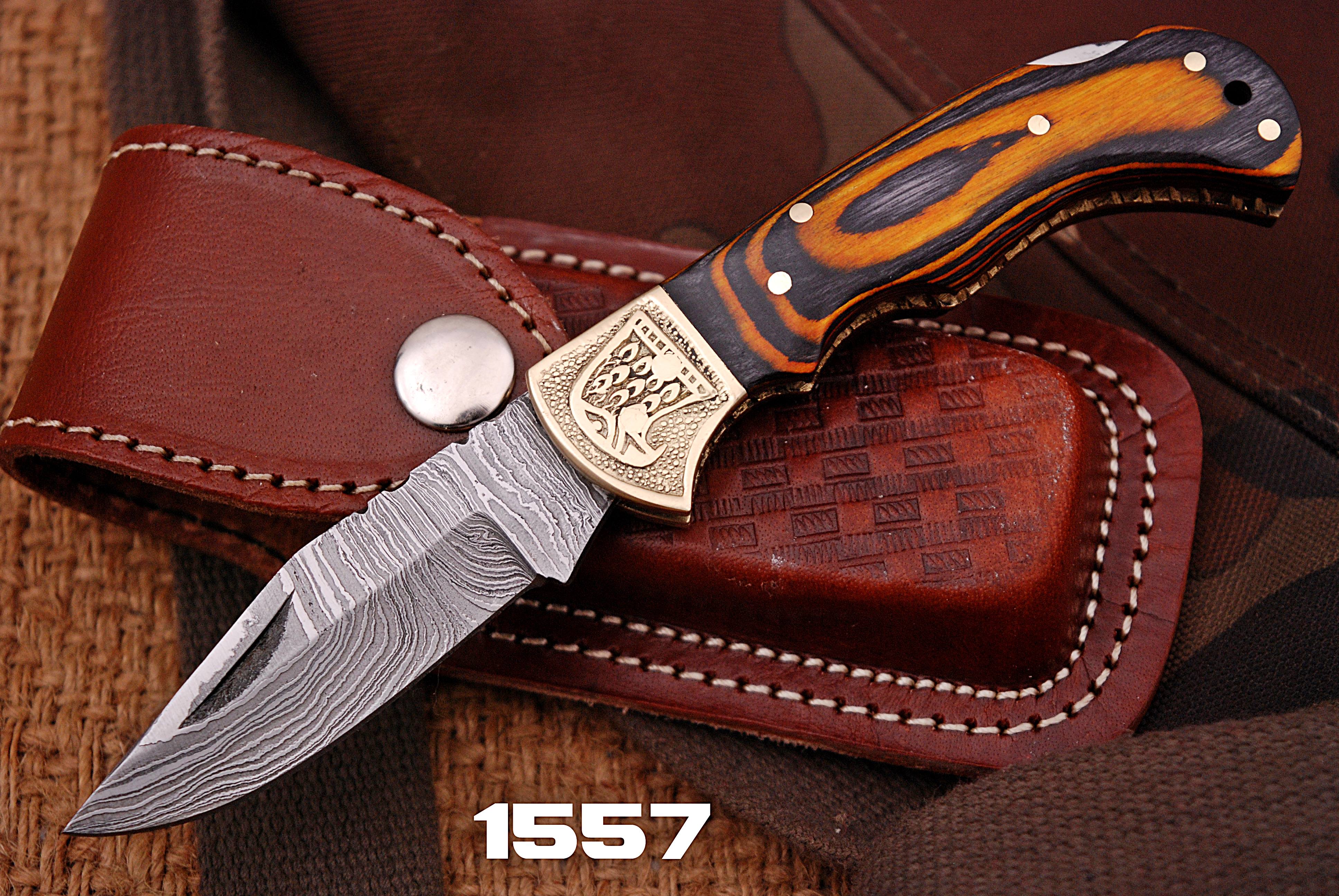 Handmade Damascus Folding Blade Pocket Knife Wood Handle