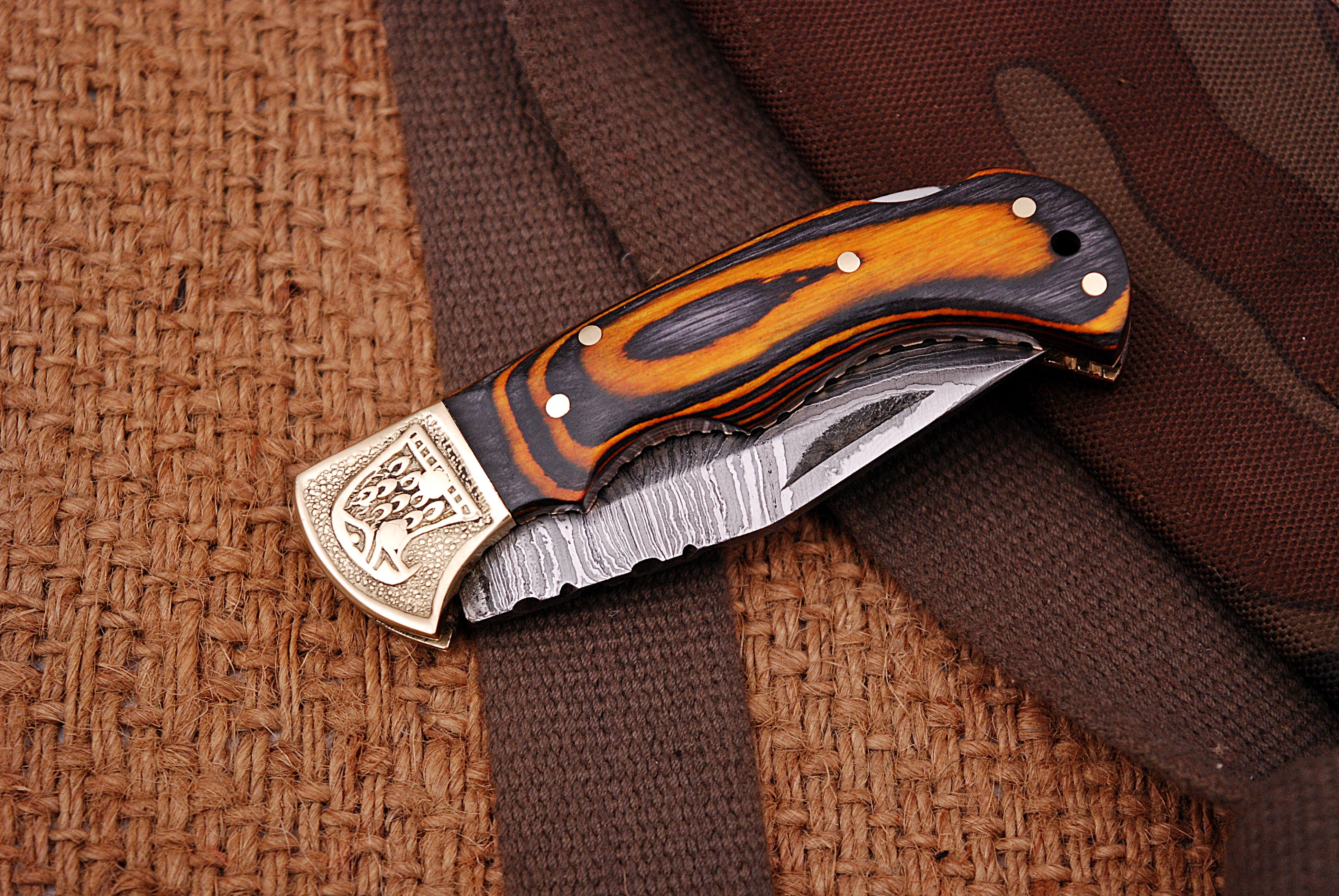 Handmade Damascus Folding Blade Pocket Knife Wood Handle - Image 5