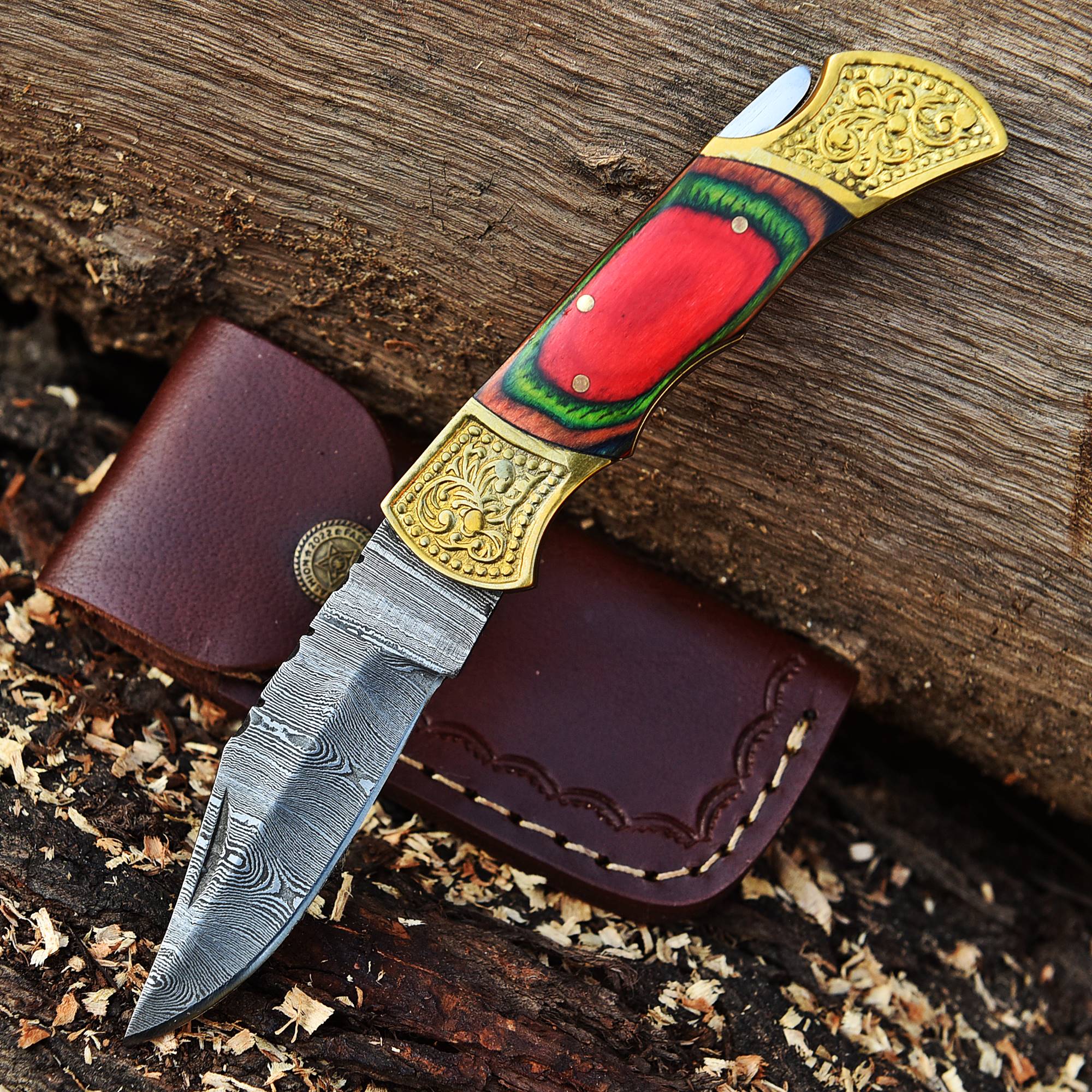Handmade Damascus Steel Folding Blade Pocket Knife Multi Wood Color Handle - Image 2