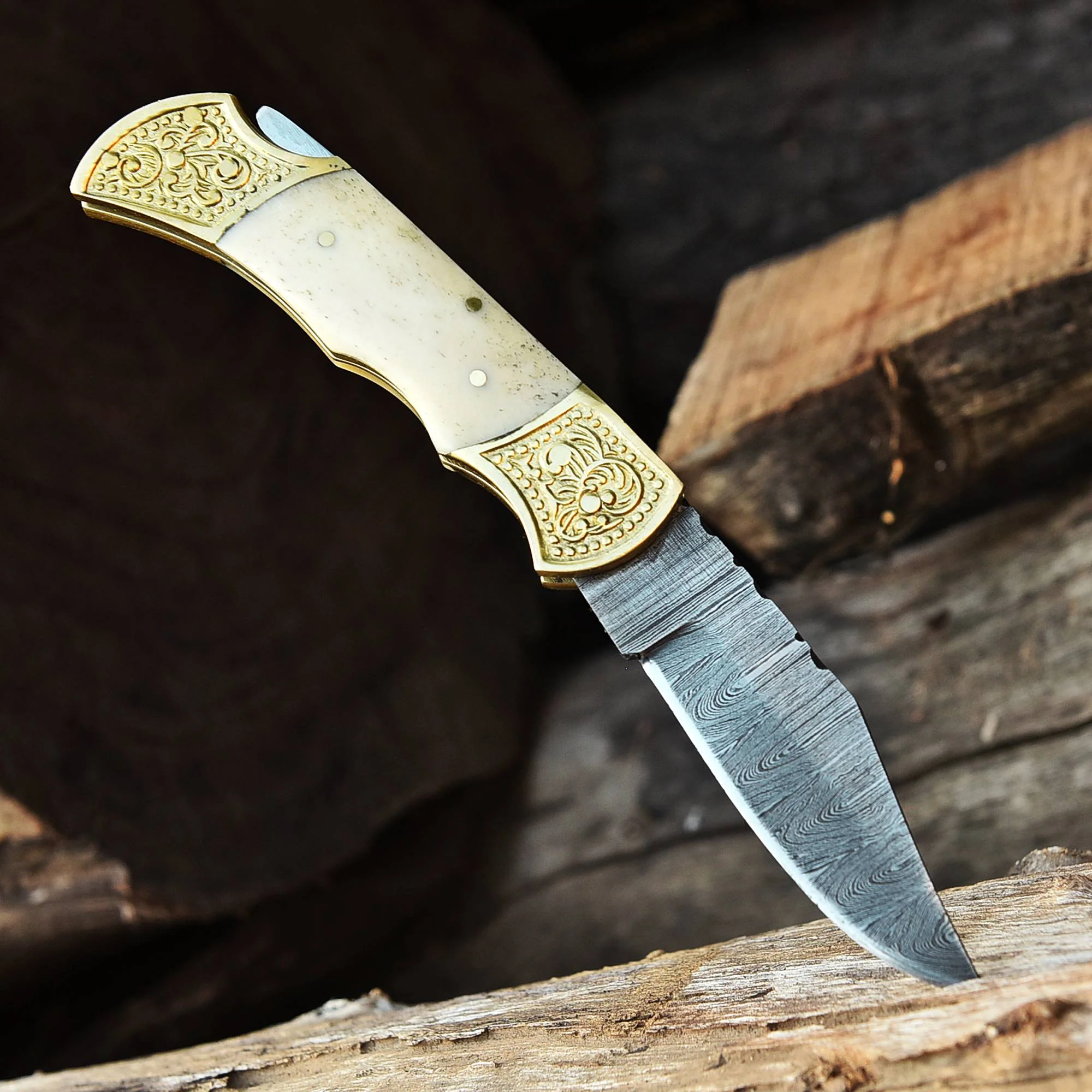 Handmade Damascus Folding Knife Hiking Gift Knife Camel Bone Handle - Image 2