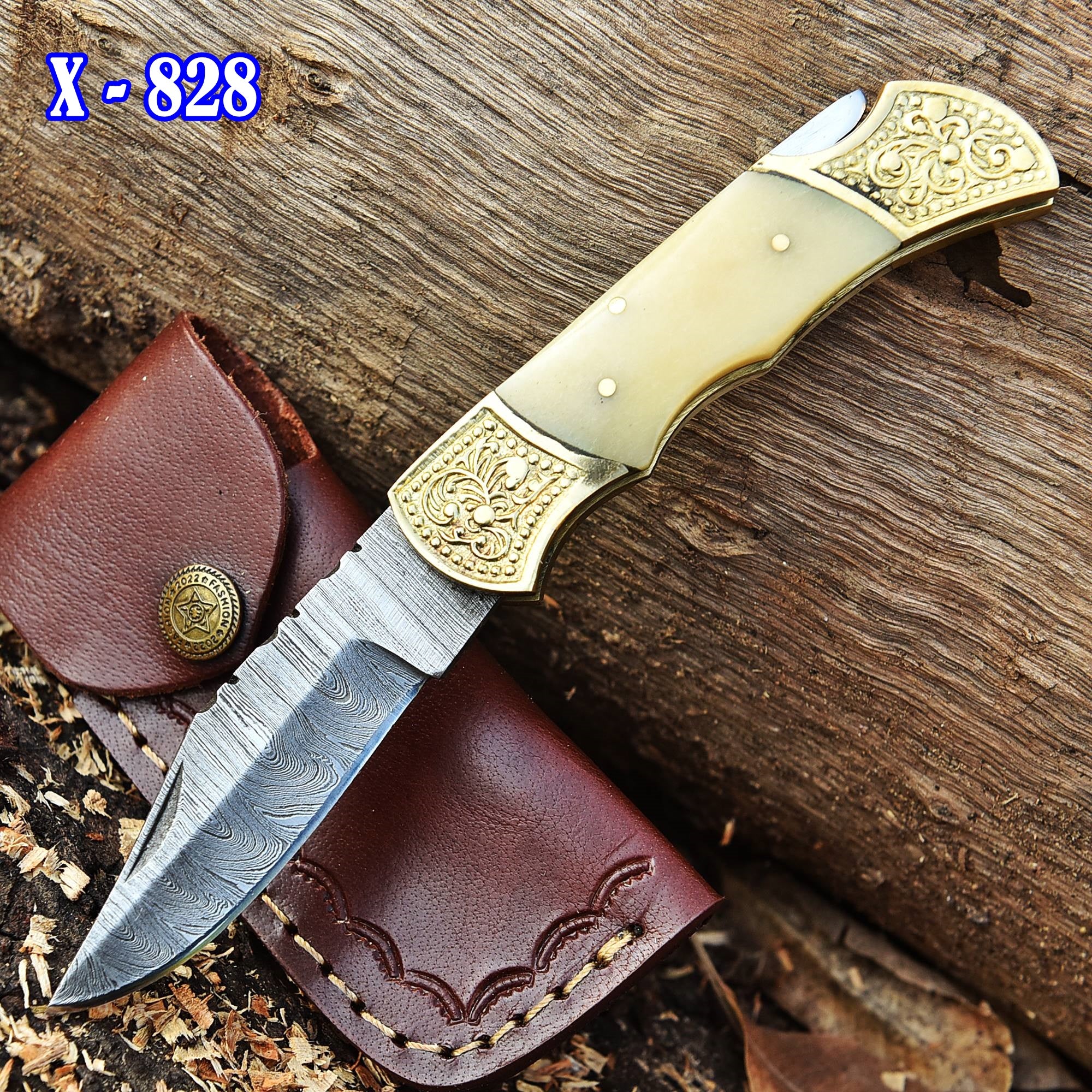 Handmade Damascus Folding Knife Hiking Gift Knife Camel Bone Handle - Image 3