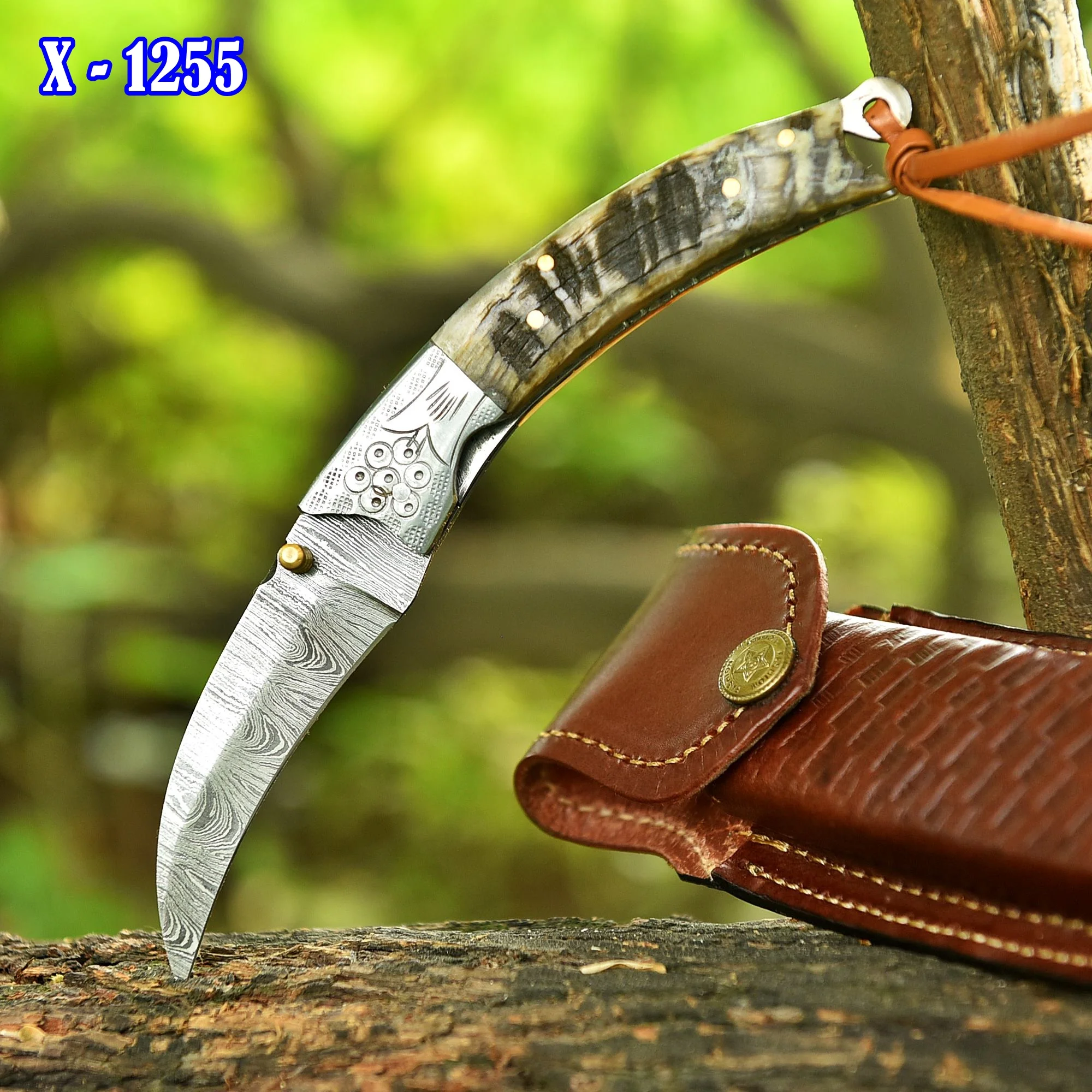 Handmade Damascus Folding Pocket Camping Knife Ram Horn Handle EDC - Image 2