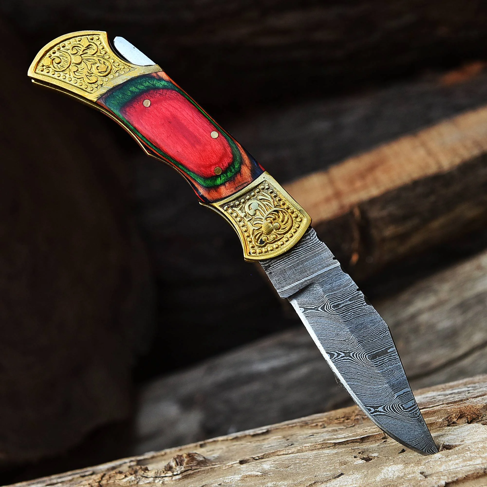 Handmade Damascus Folding Pocket Knife Camping Outdoor Knife Wood Handle - Image 2