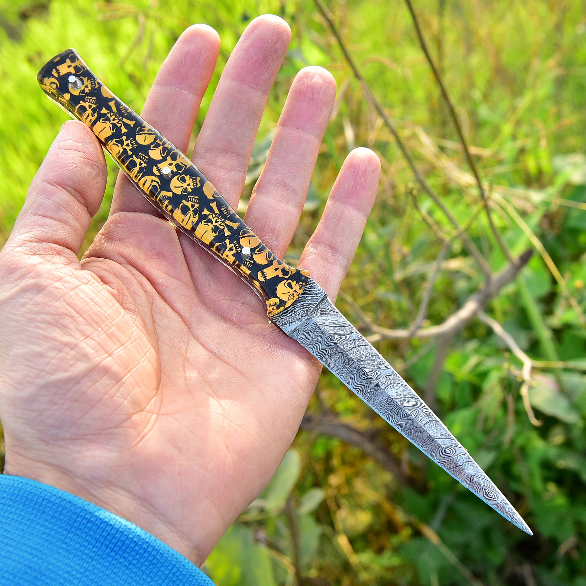 Handmade Damascus IDEAL Biker Boot Knife Full Tang Punisher Skull Resin Handle x-114 - Image 2