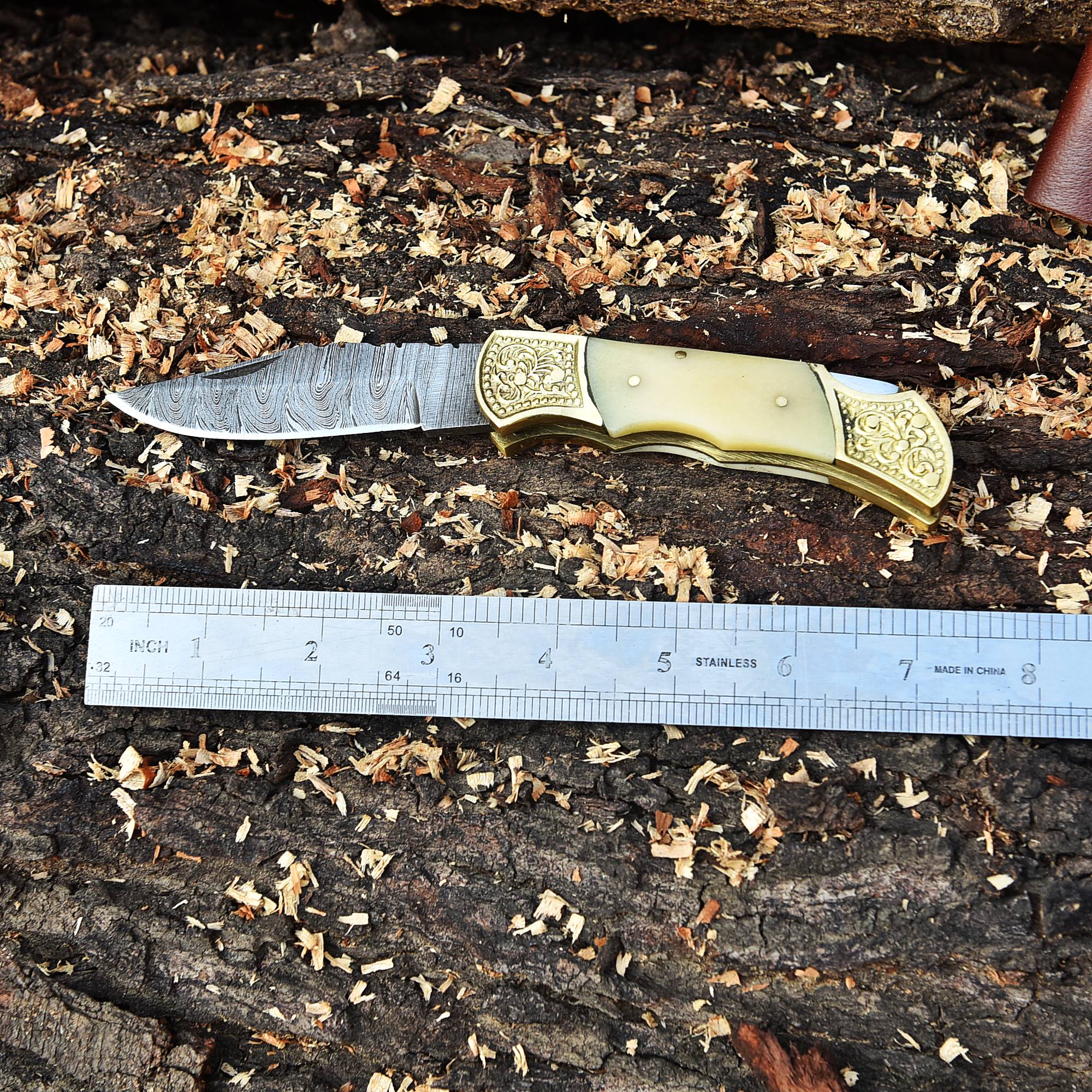 Handmade Damascus knife Folding Blade Pocket - Natural Bone Handle - Image 3