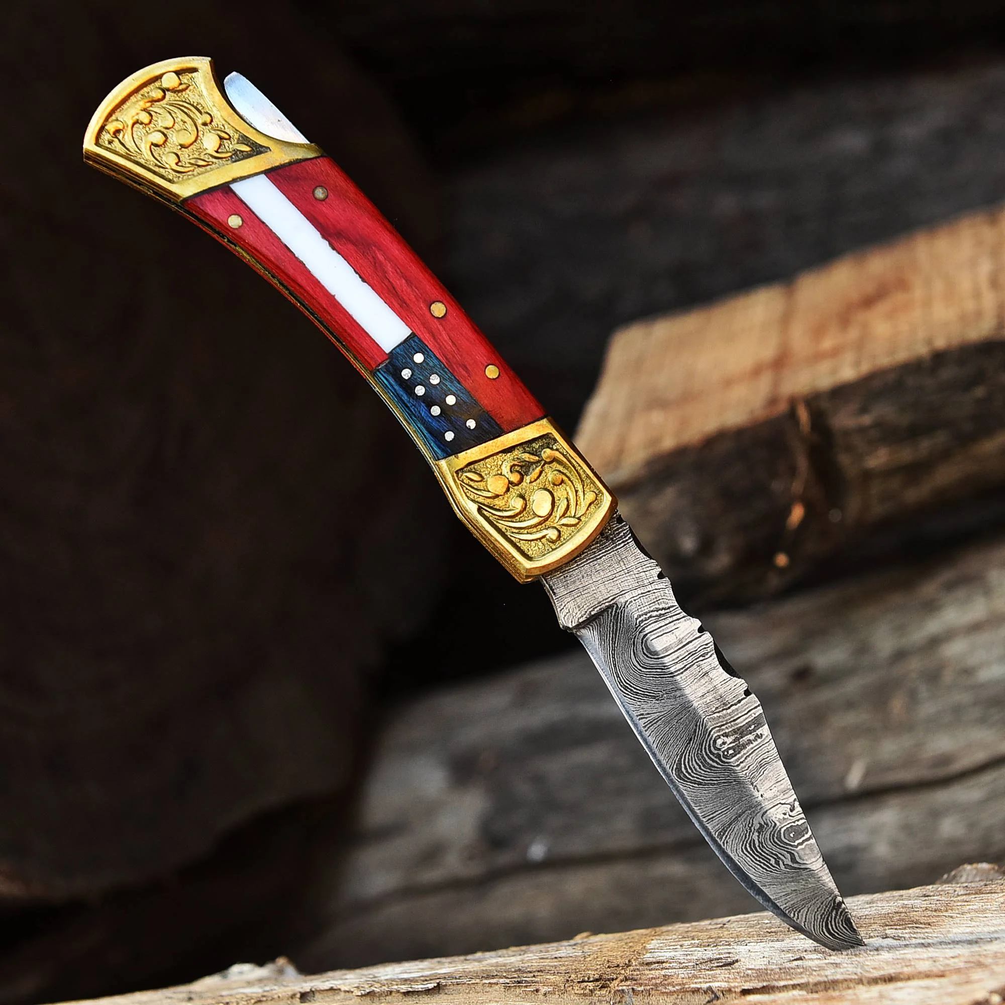 Handmade Damascus Lock Black Folding Blade Pocket knife-Flag Handle-