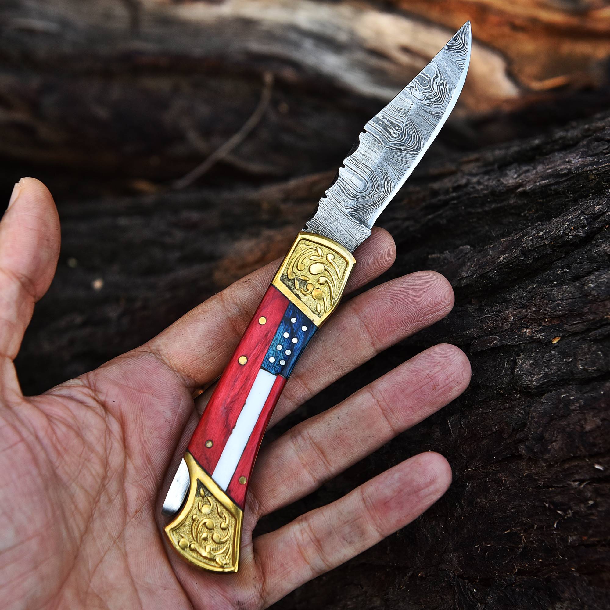 Handmade Damascus Lock Black Folding Blade Pocket knife-Flag Handle- - Image 2