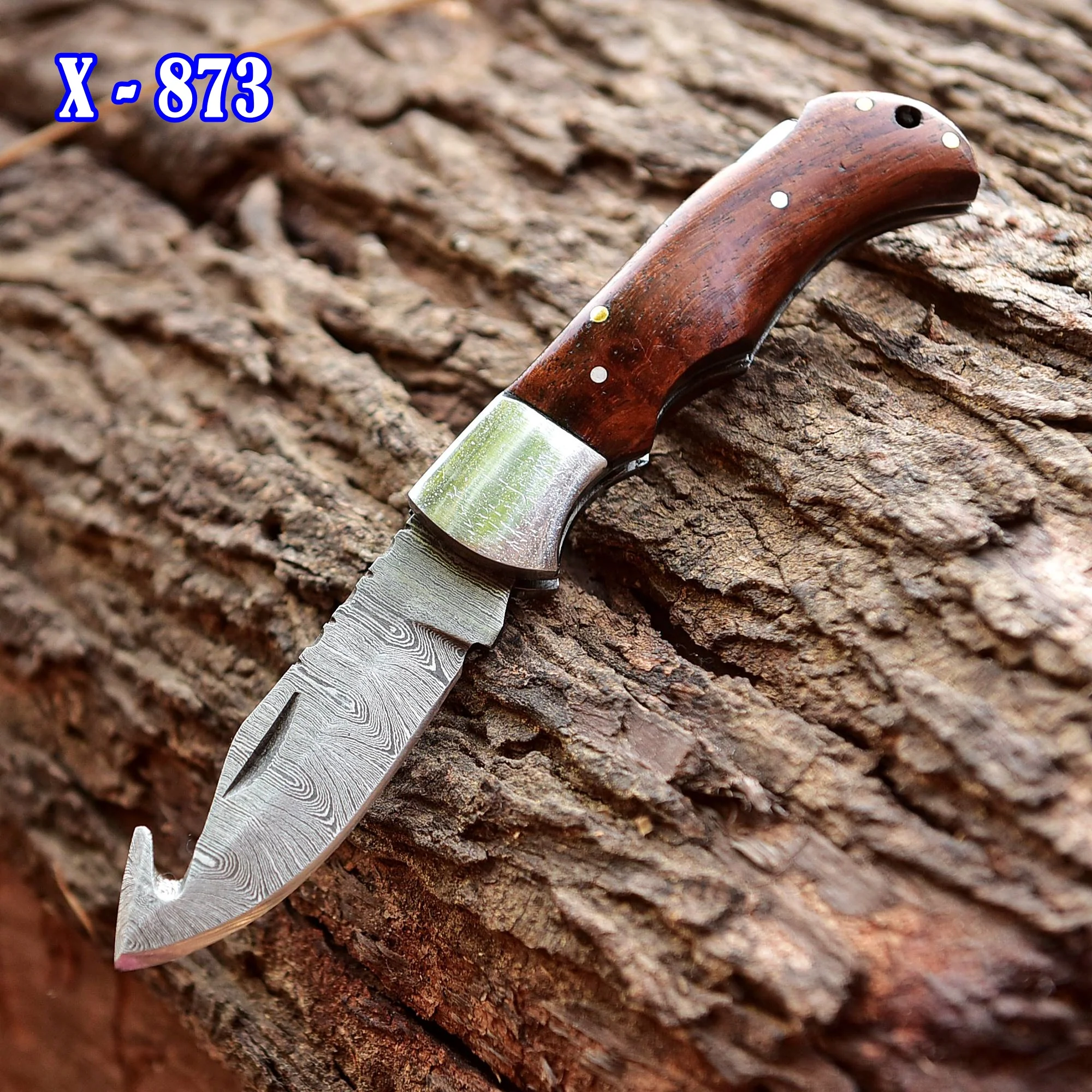 Handmade Damascus Outdoor Camping Folding Gut Hook Blade Pocket Knife - Image 2
