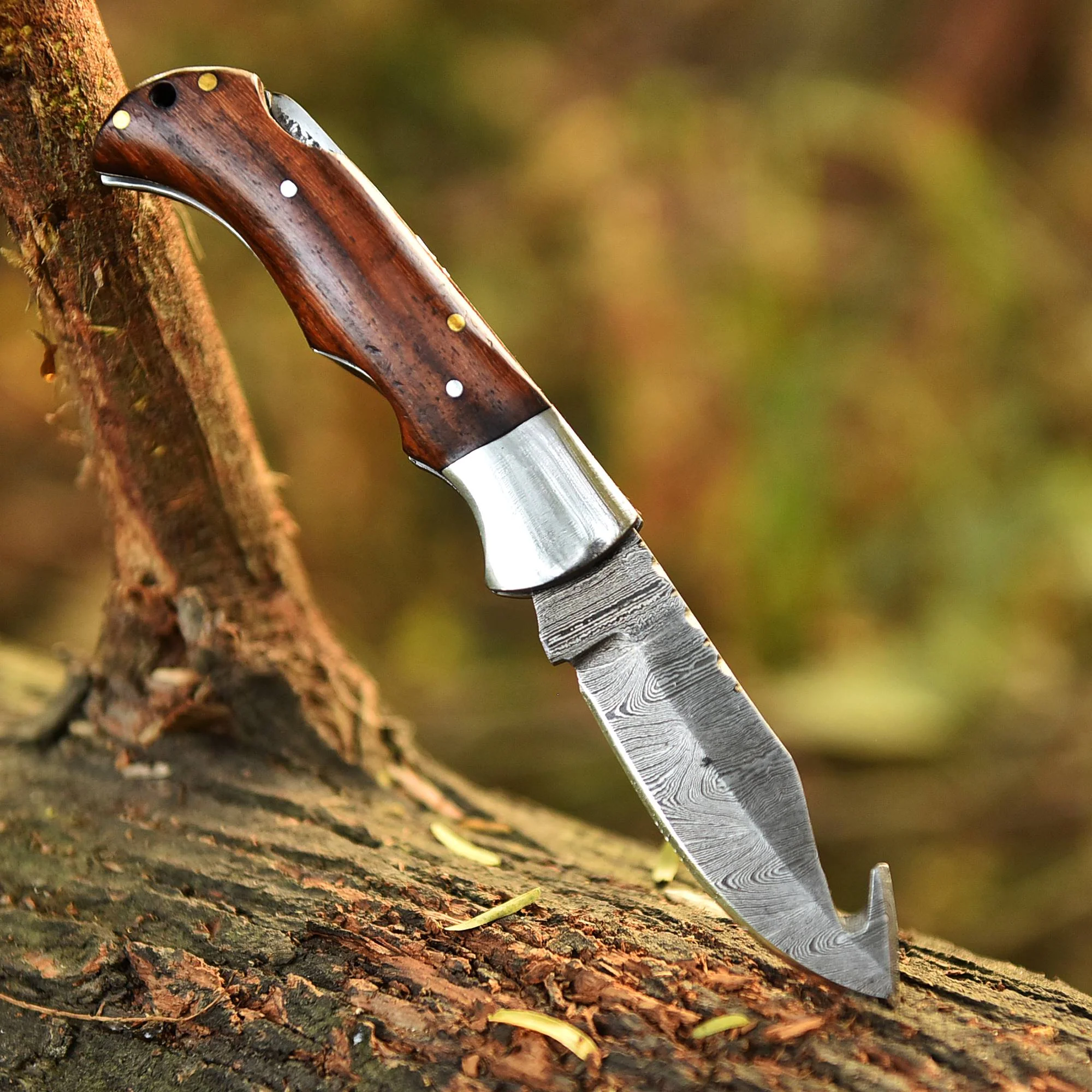 Handmade Damascus Outdoor Camping Folding Gut Hook Blade Pocket Knife - Image 6